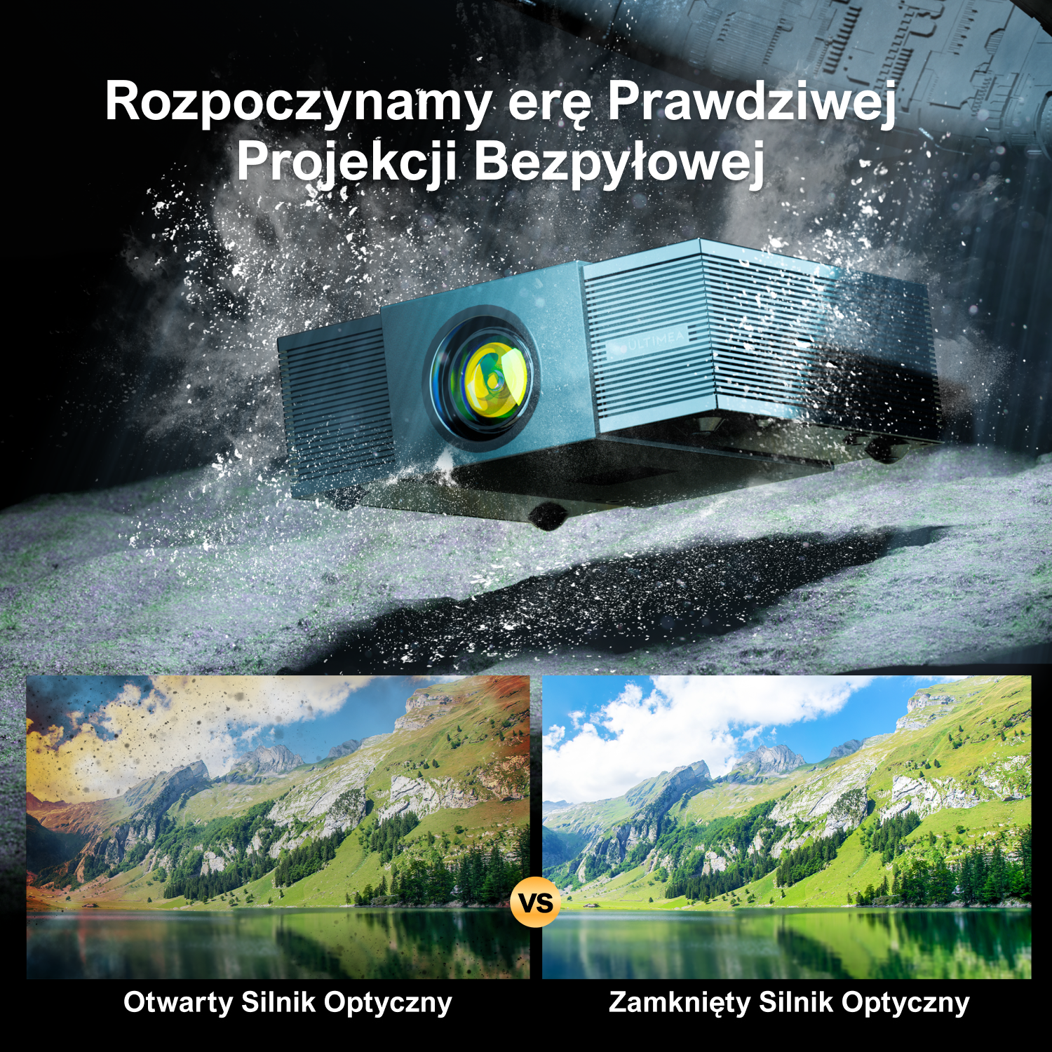 Projektor z porównaniem otwartego i zamkniętego silnika optycznego, z wyświetlanym obrazem krajobrazu górskiego.