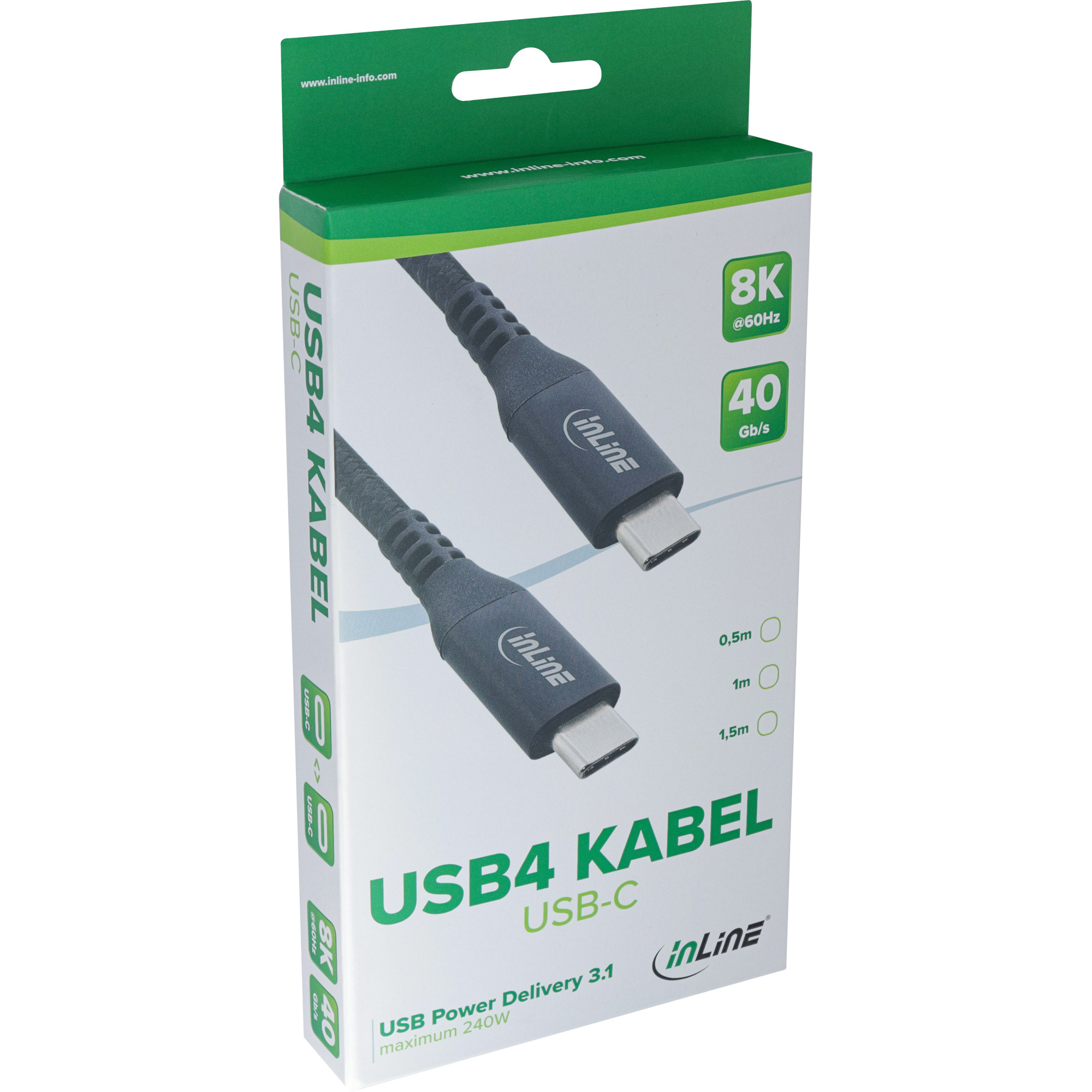 Una scatola bianca con immagine di cavo USB-C, etichettata USB4 KABEL. Caratteristiche 8K, 40 Gb/s e logo inline.