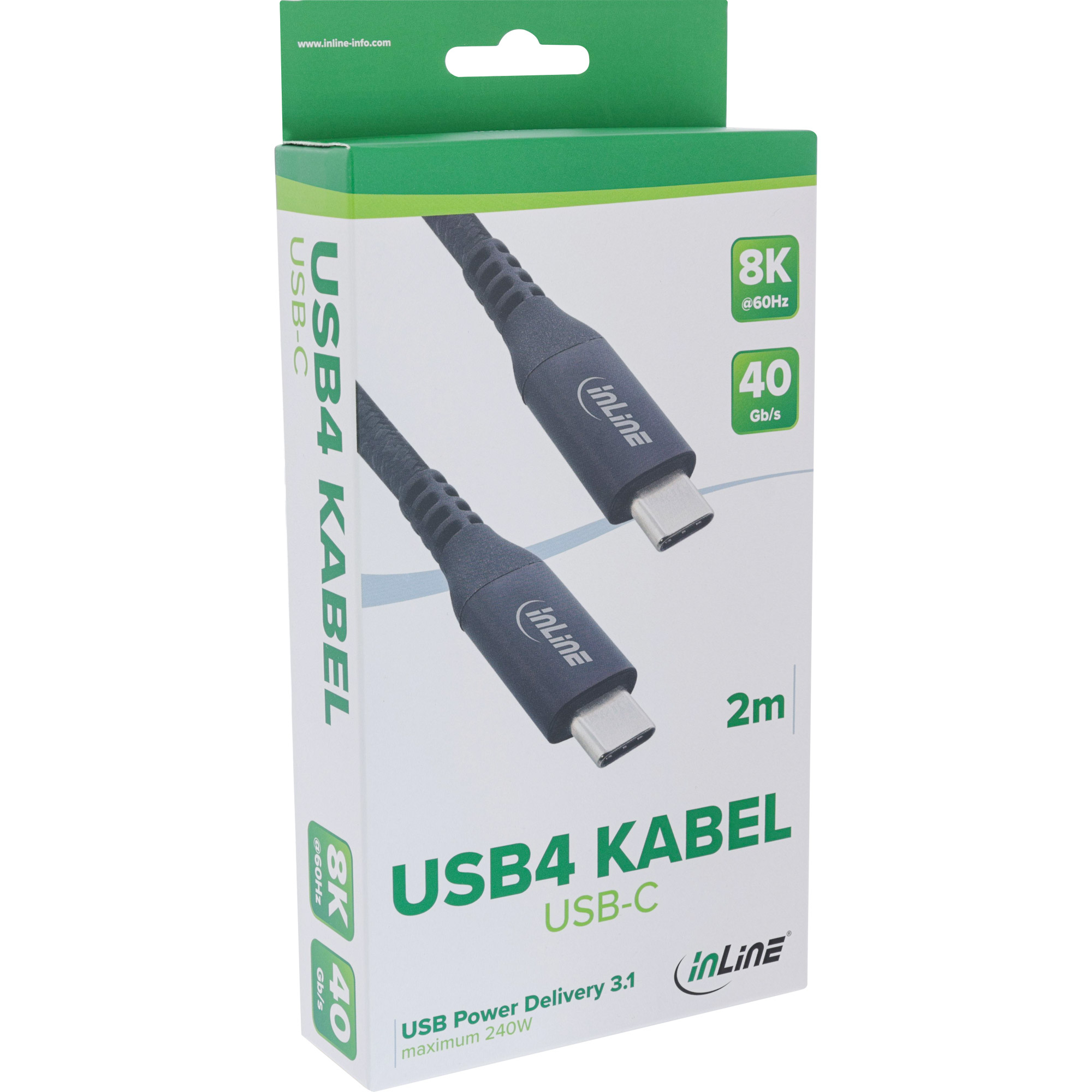 Una scatola bianca con immagine di cavo USB-C, etichettata USB4 KABEL. Caratteristiche 8K, 40 Gb/s e logo inline.