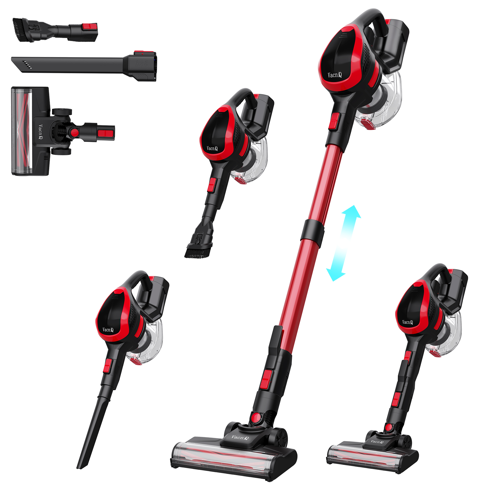 Różne części czerwono-czarnego odkurzacza, pokazujące różne załączniki i kąty.