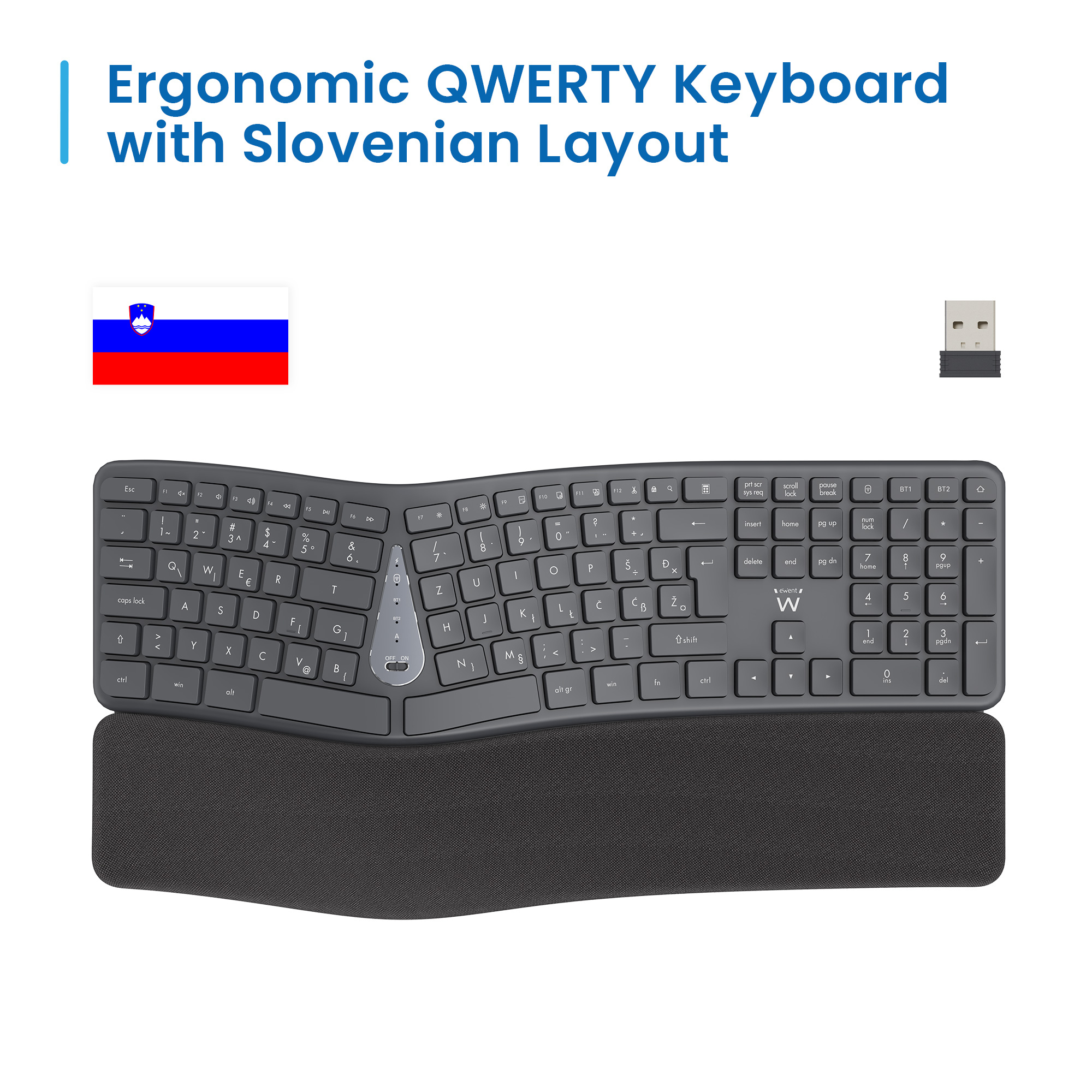 Tastiera ergonomica con poggiapolsi, layout sloveno e ricevitore USB.
