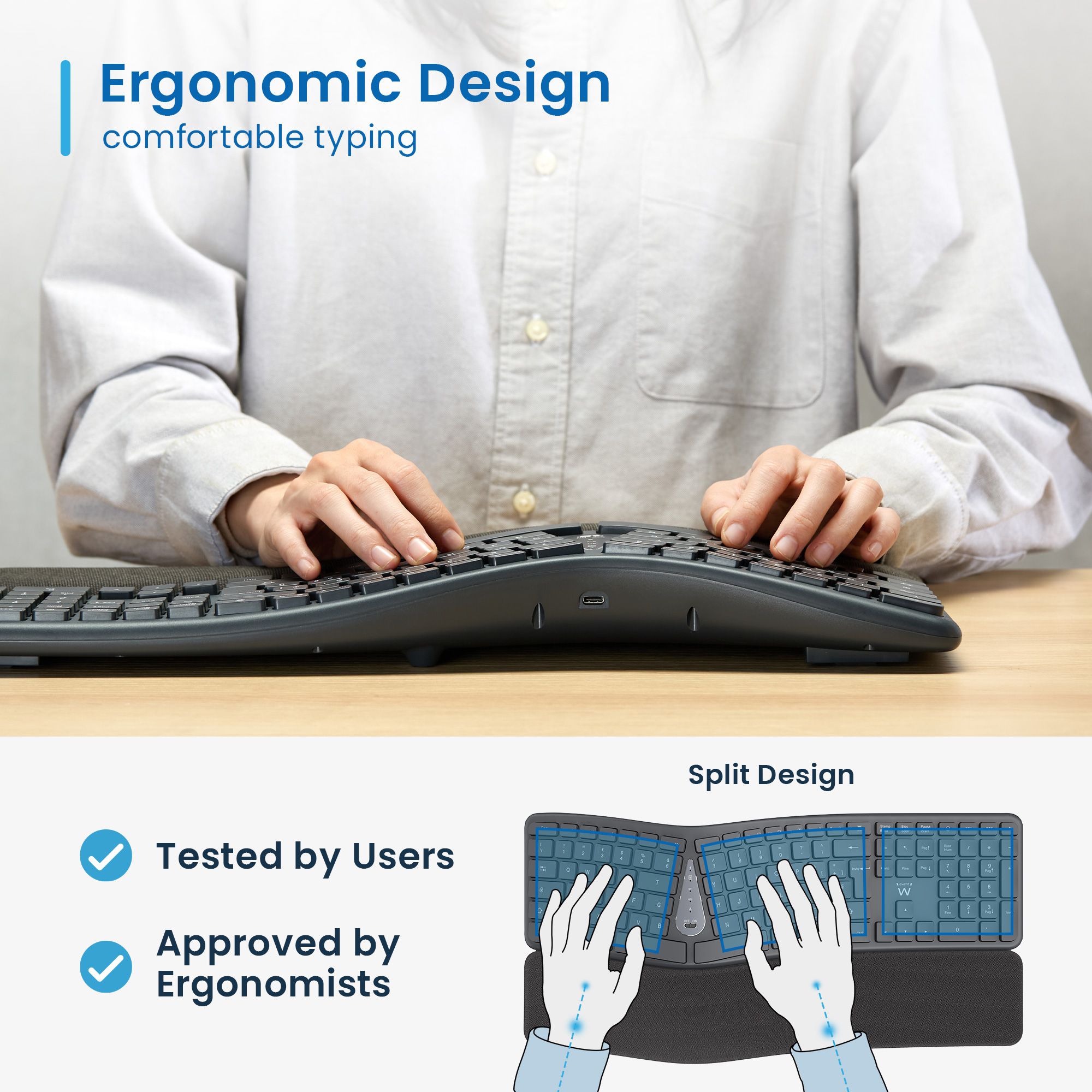 Dłonie piszące na dzielonej klawiaturze z podpórką na nadgarstek, z tekstem i diagramami.