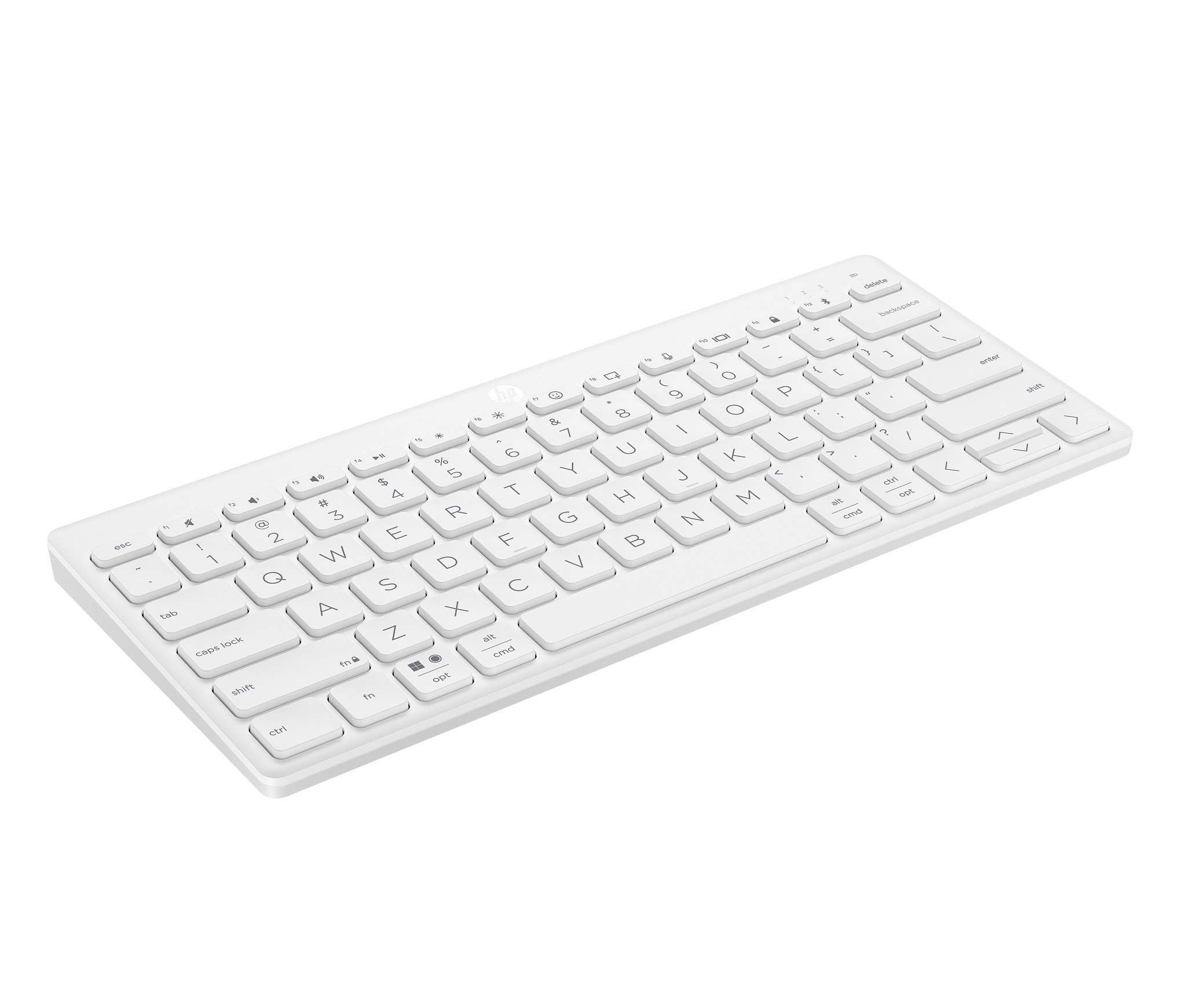 Un teclado blanco. Forma rectangular, con teclado numérico. Fondo blanco.