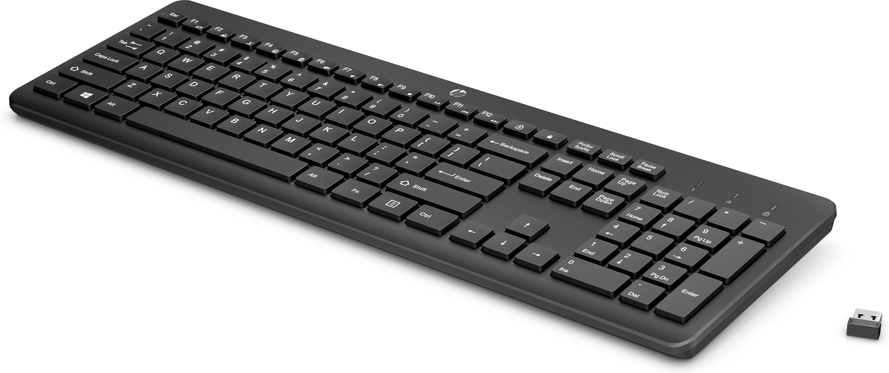 Schwarze Tastatur mit Ziffernblock und USB-Empfänger. Die Tastatur hat das HP-Logo. Winkelansicht.