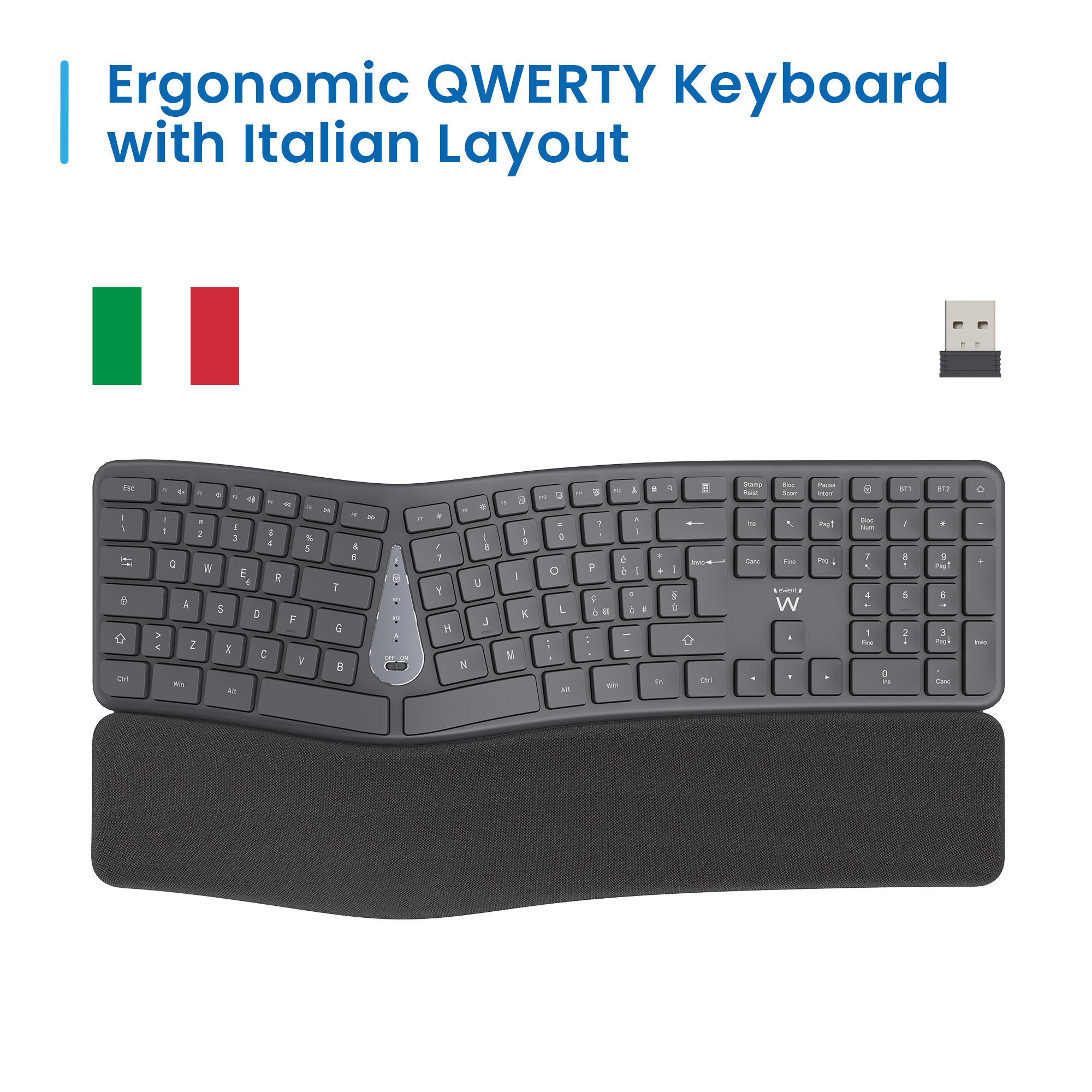 Ergonomiczna klawiatura z włoskim układem i podpórką pod nadgarstki. Zawiera włoską flagę. Szare klawisze.