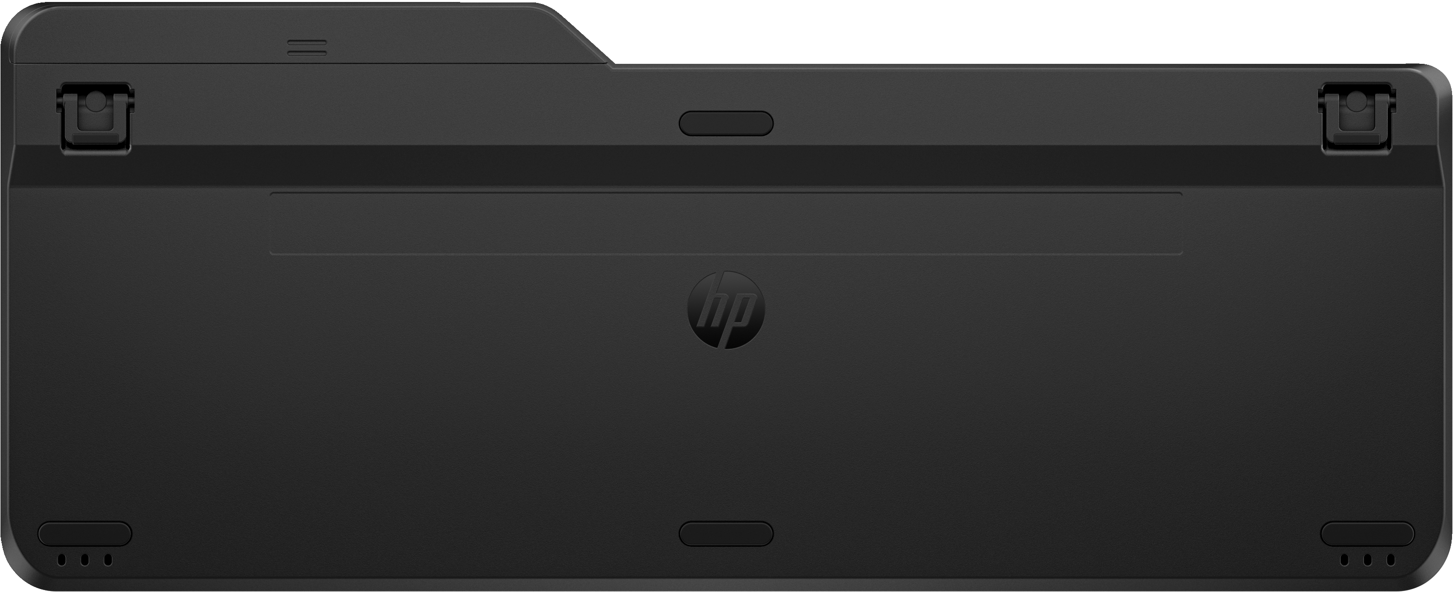 Black keyboard underside, showing the HP logo, on white background.