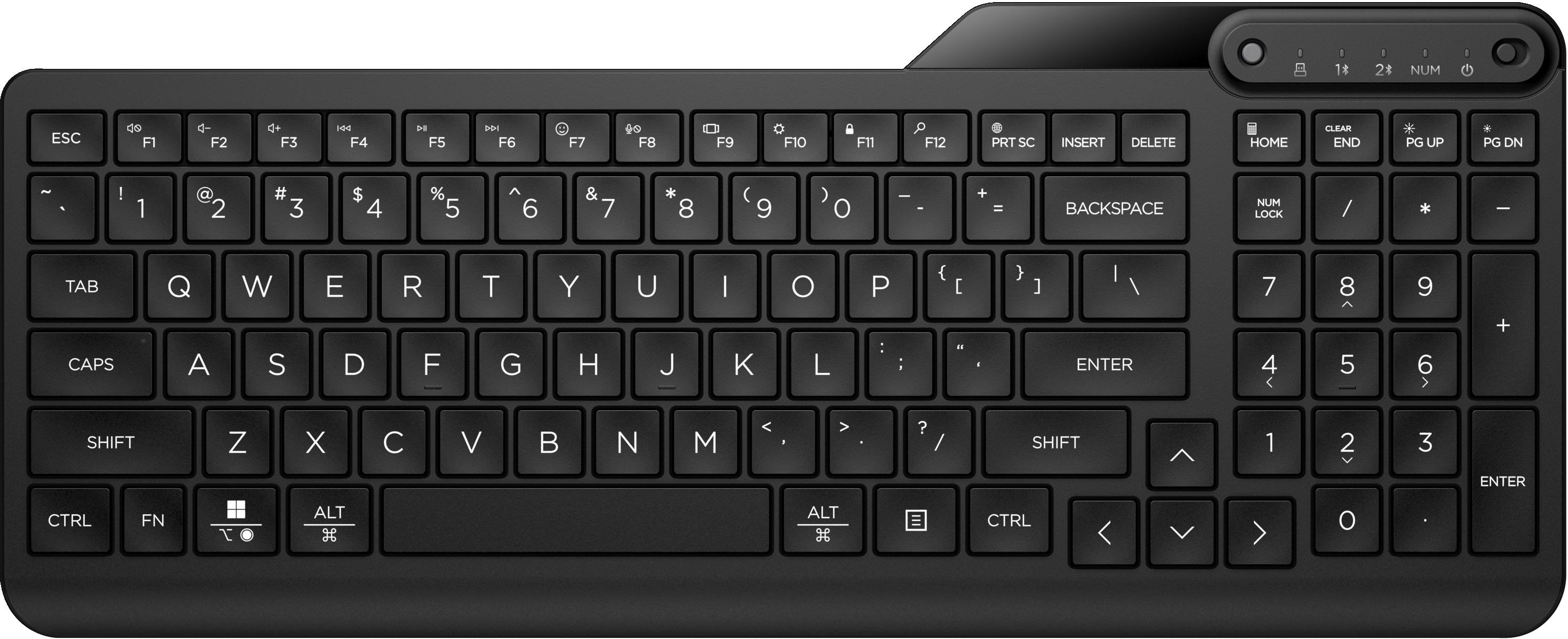 Black keyboard with a number pad and white lettering. Logitech brand name visible.
