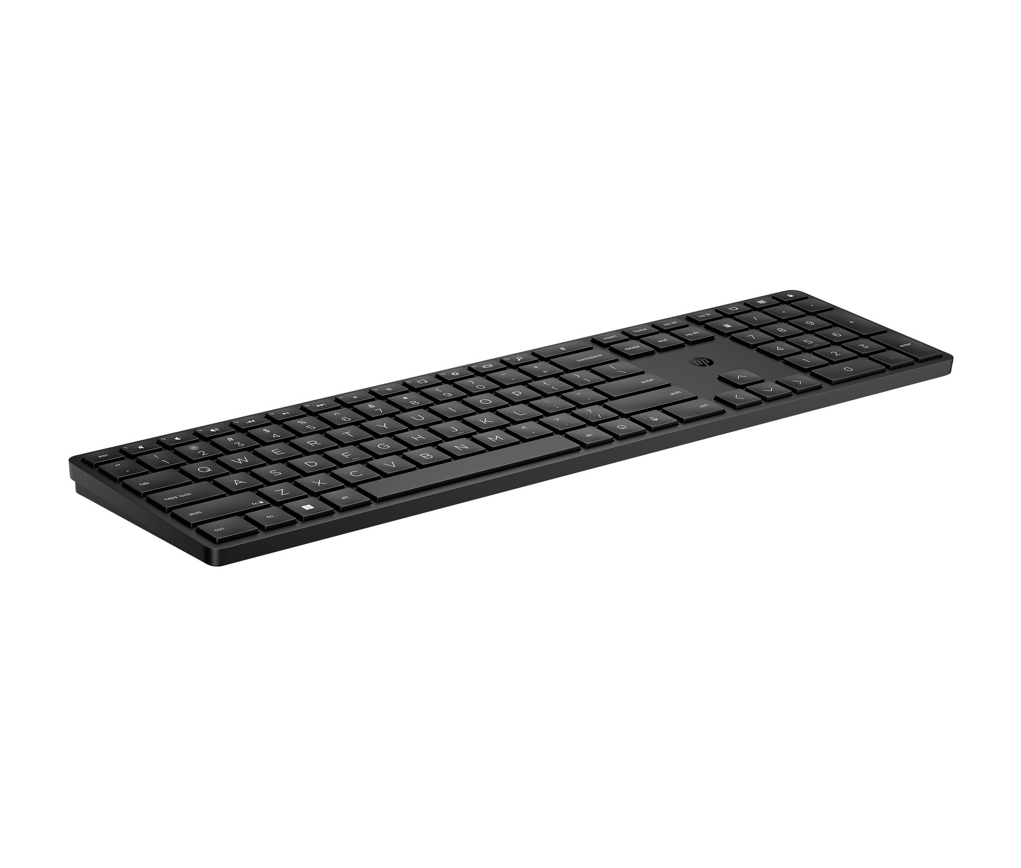 Un teclado negro está centrado sobre un fondo blanco. Las teclas también son negras.