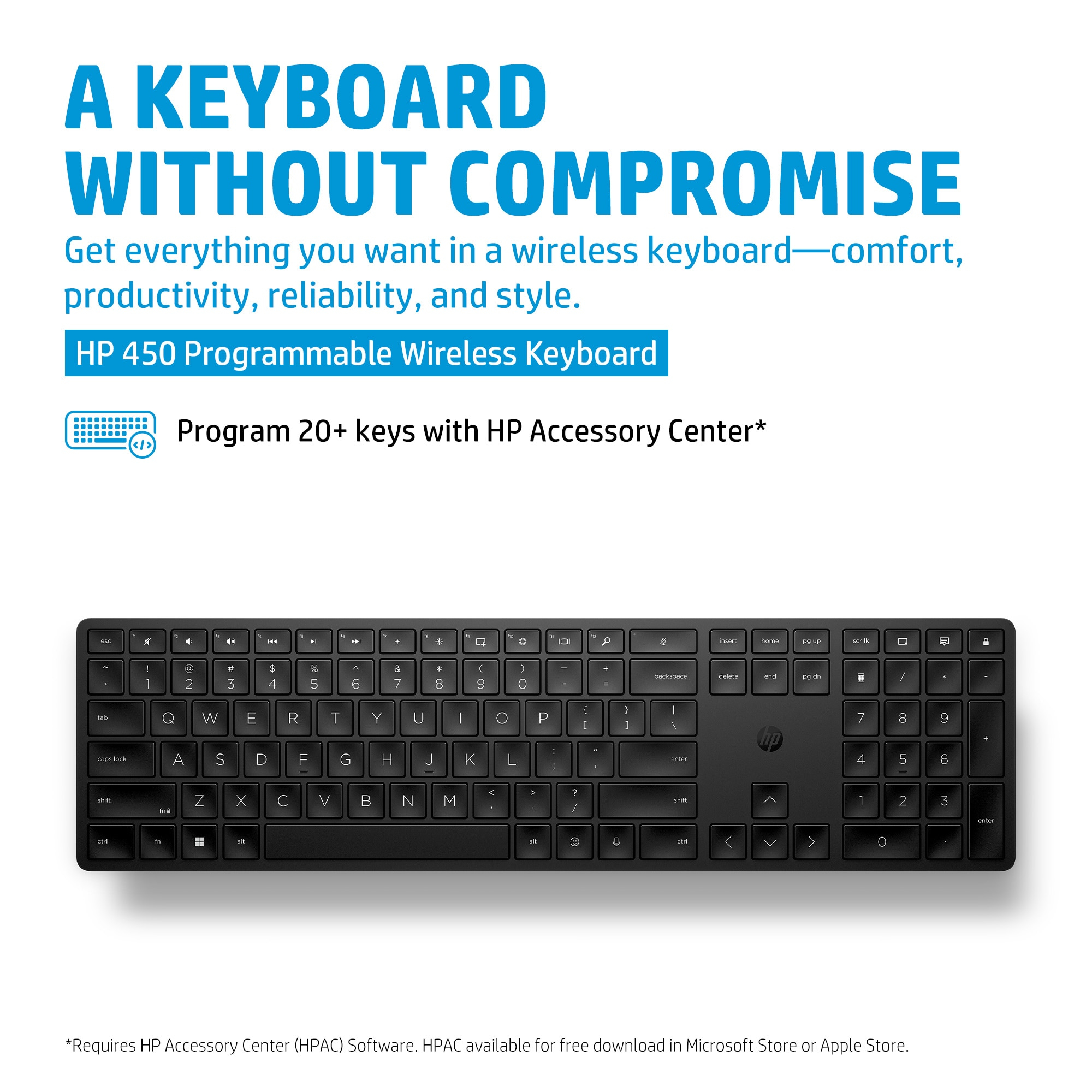 Se muestra un teclado negro con un logotipo de HP y texto. El teclado está sobre un fondo blanco. Las teclas son negras.