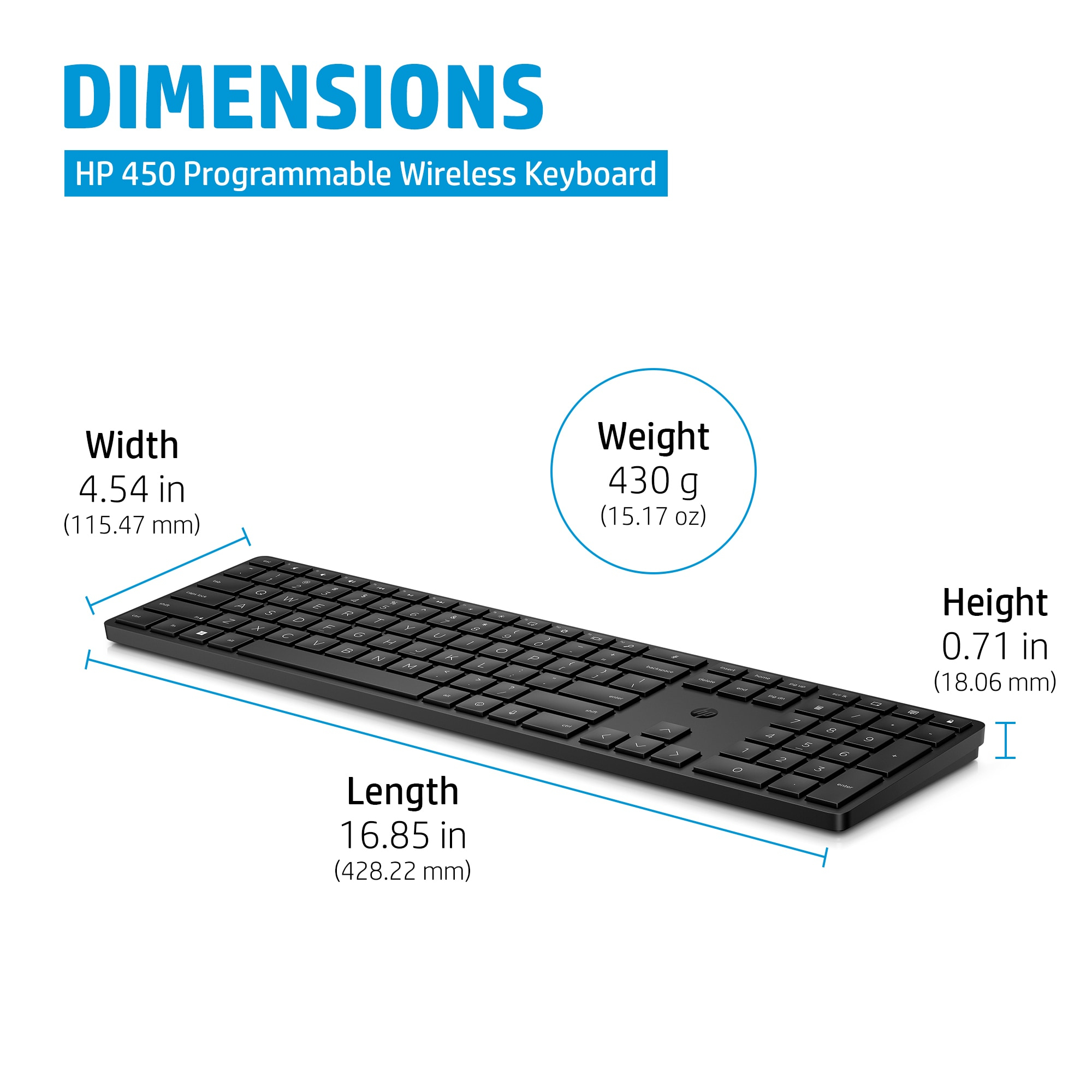 Se muestra un teclado negro. Se muestran las dimensiones del teclado, incluyendo ancho, alto y largo.