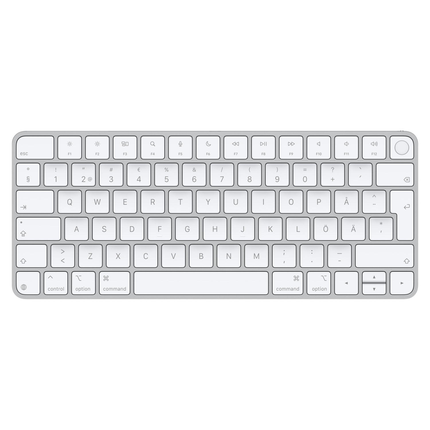 Silberne Tastatur mit weißen Tasten auf weißem Hintergrund. Sie hat einen kompletten Satz Tasten.