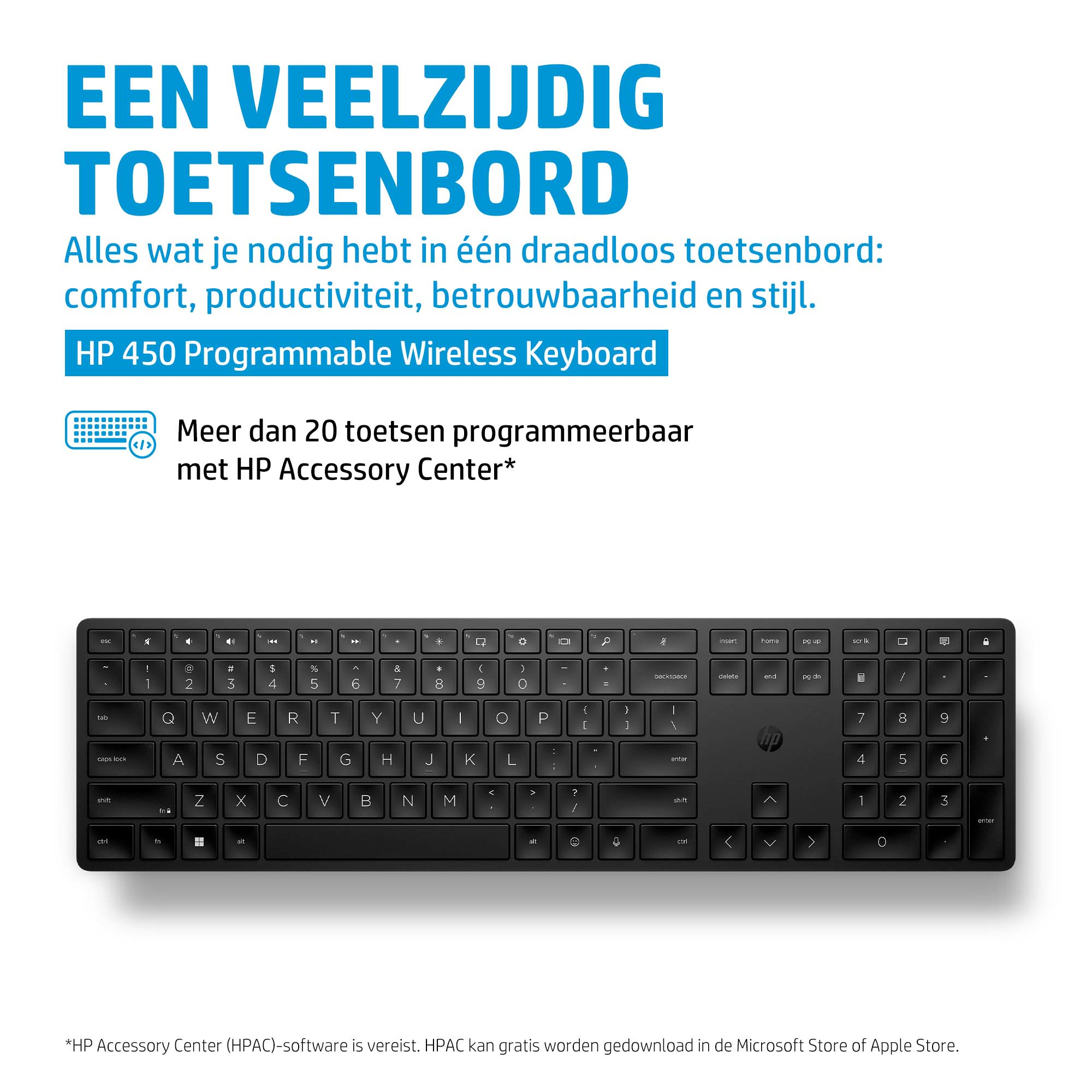 Czarna klawiatura bezprzewodowa HP 450, widok z góry, z białym tekstem. Ma pełny układ klawiatury.