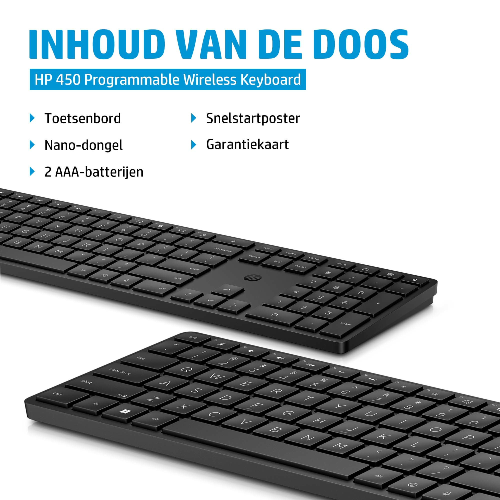 Dwie czarne klawiatury HP, widok z góry, z białym tekstem. Jedna jest częściowo widoczna, druga w pełni.