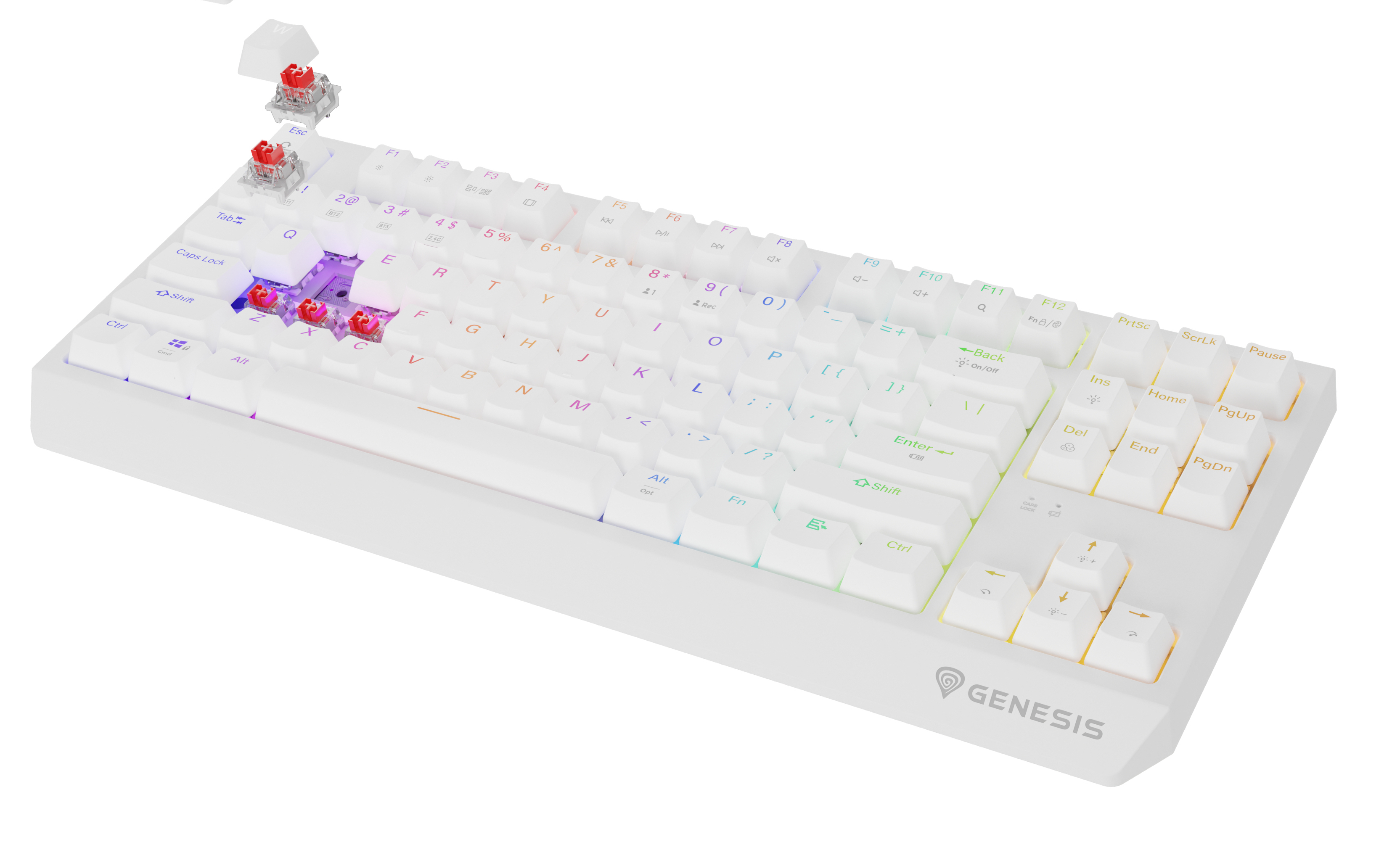Biała klawiatura z usuniętymi klawiszami, pokazująca czerwone przełączniki. Biała obudowa, logo Genesis.