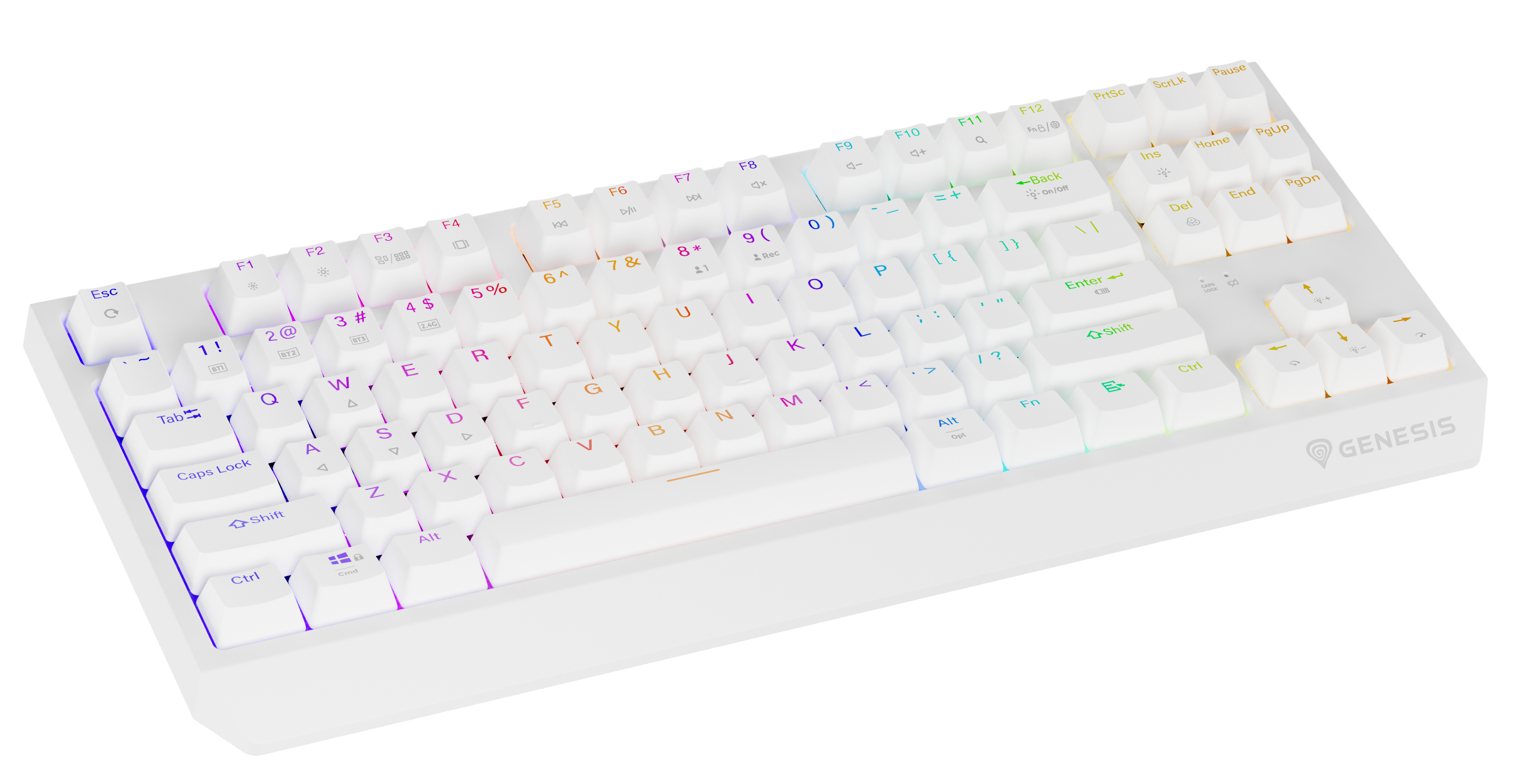 Biała klawiatura Genesis dla graczy z kolorowymi klawiszami na białym tle.