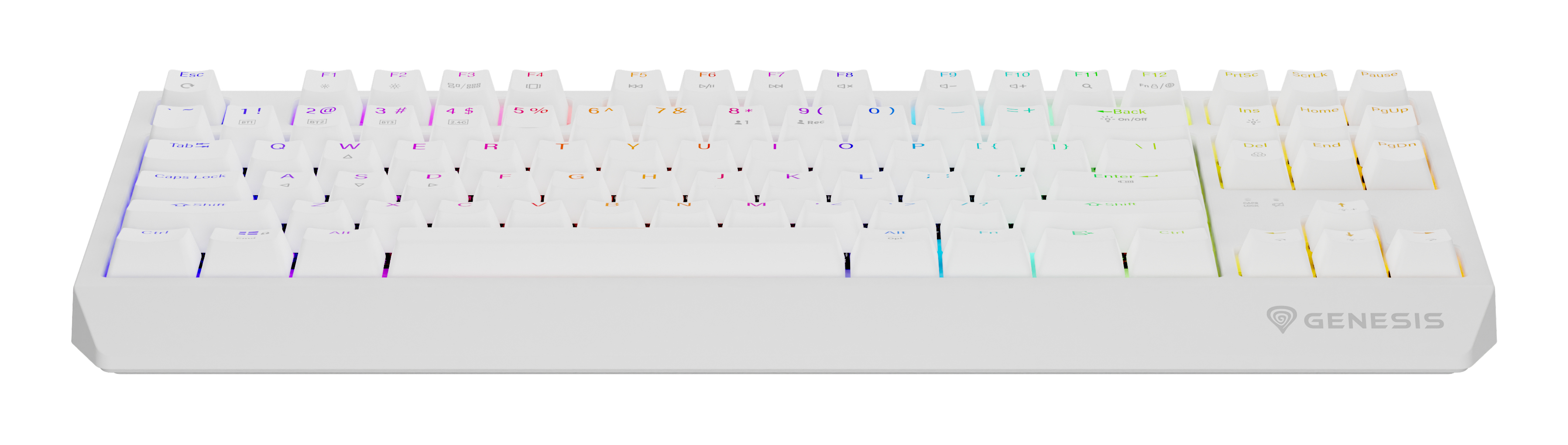 Biała klawiatura z wielokolorowymi klawiszami. Biała obudowa, z logo Genesis. Białe tło.
