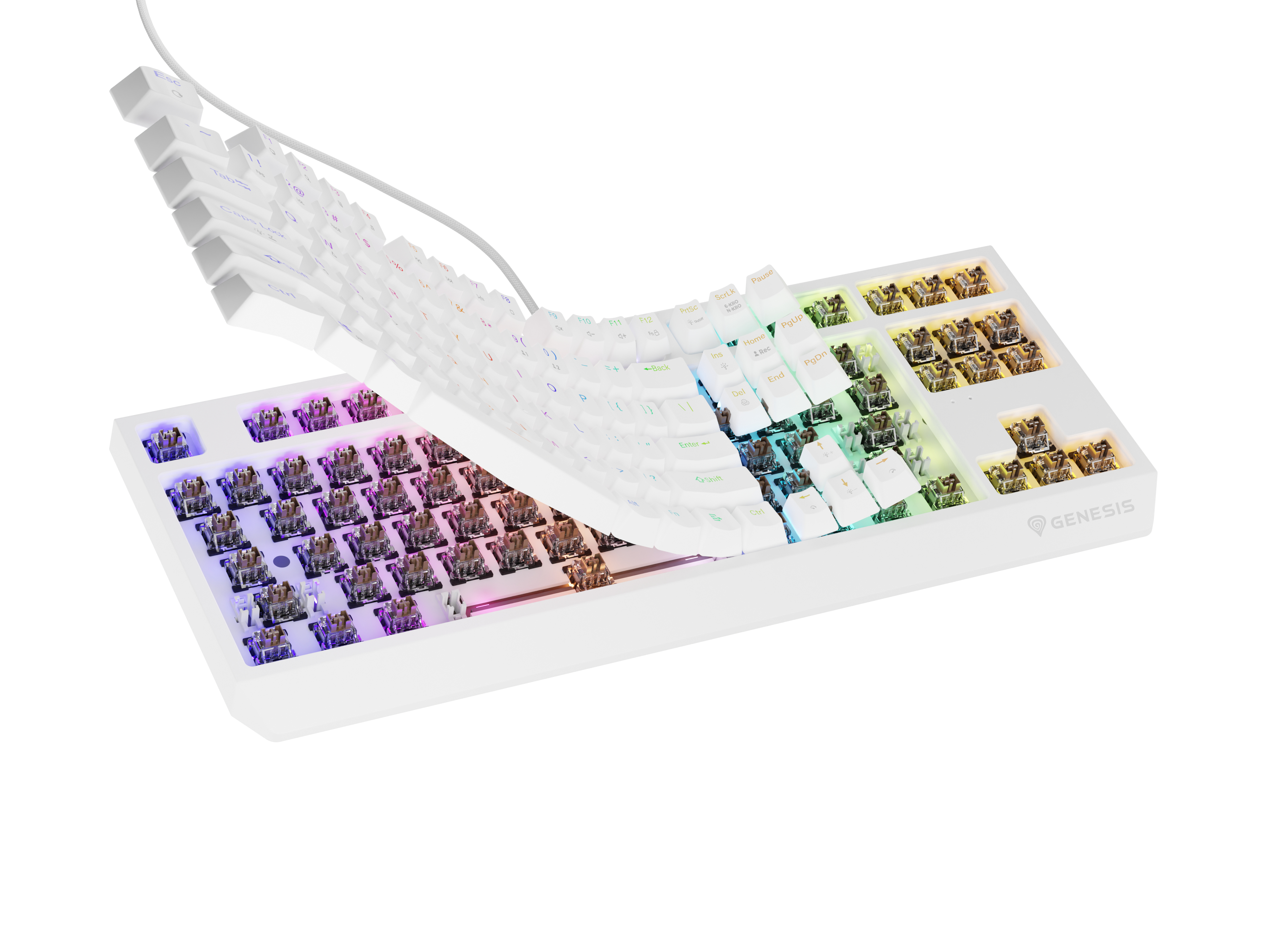 Biała klawiatura z klawiszami, usunięto klawisze. Logo Genesis widoczne na dole.