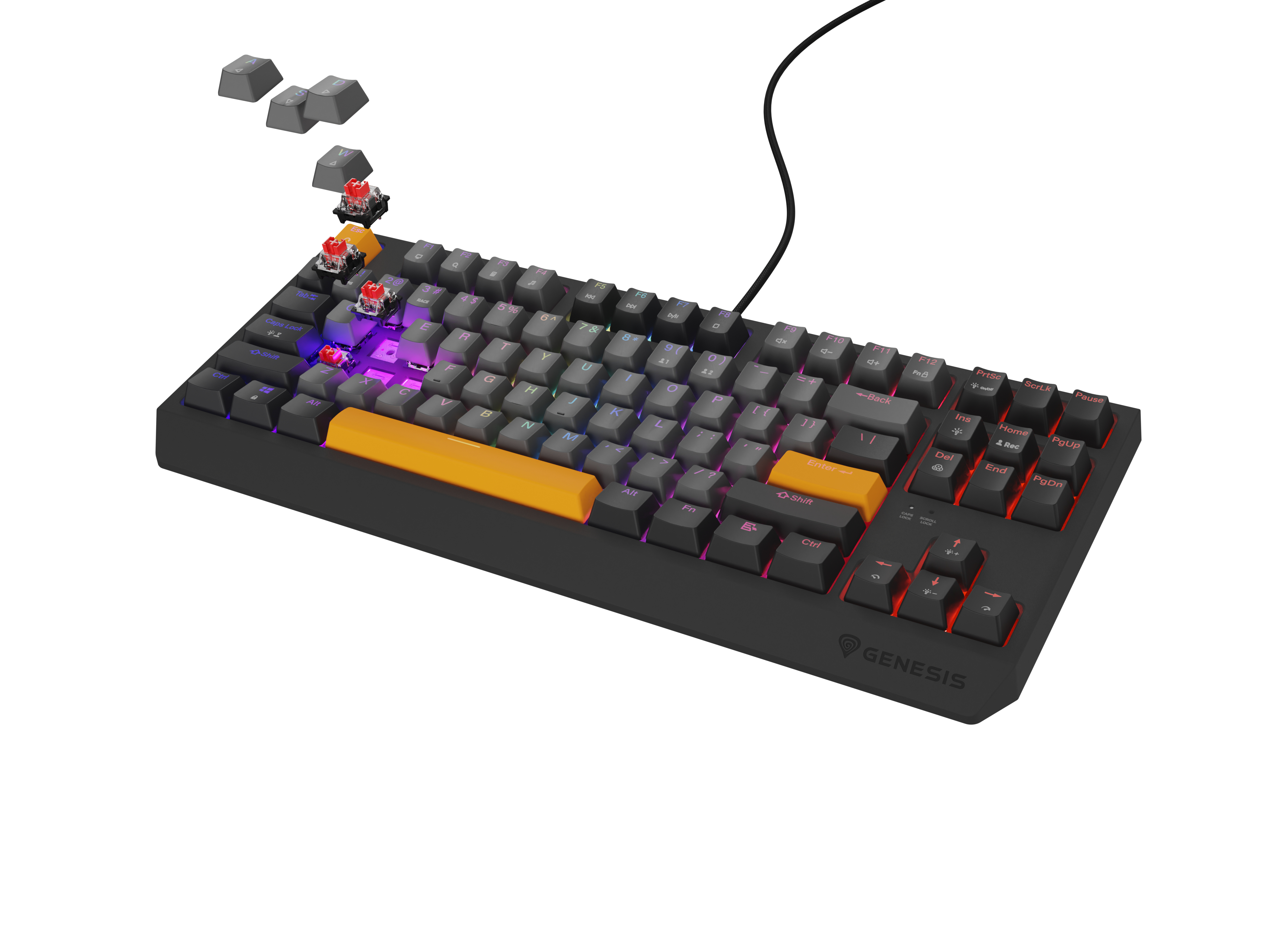 Black mechanical keyboard with gray and orange keys, with a cable.