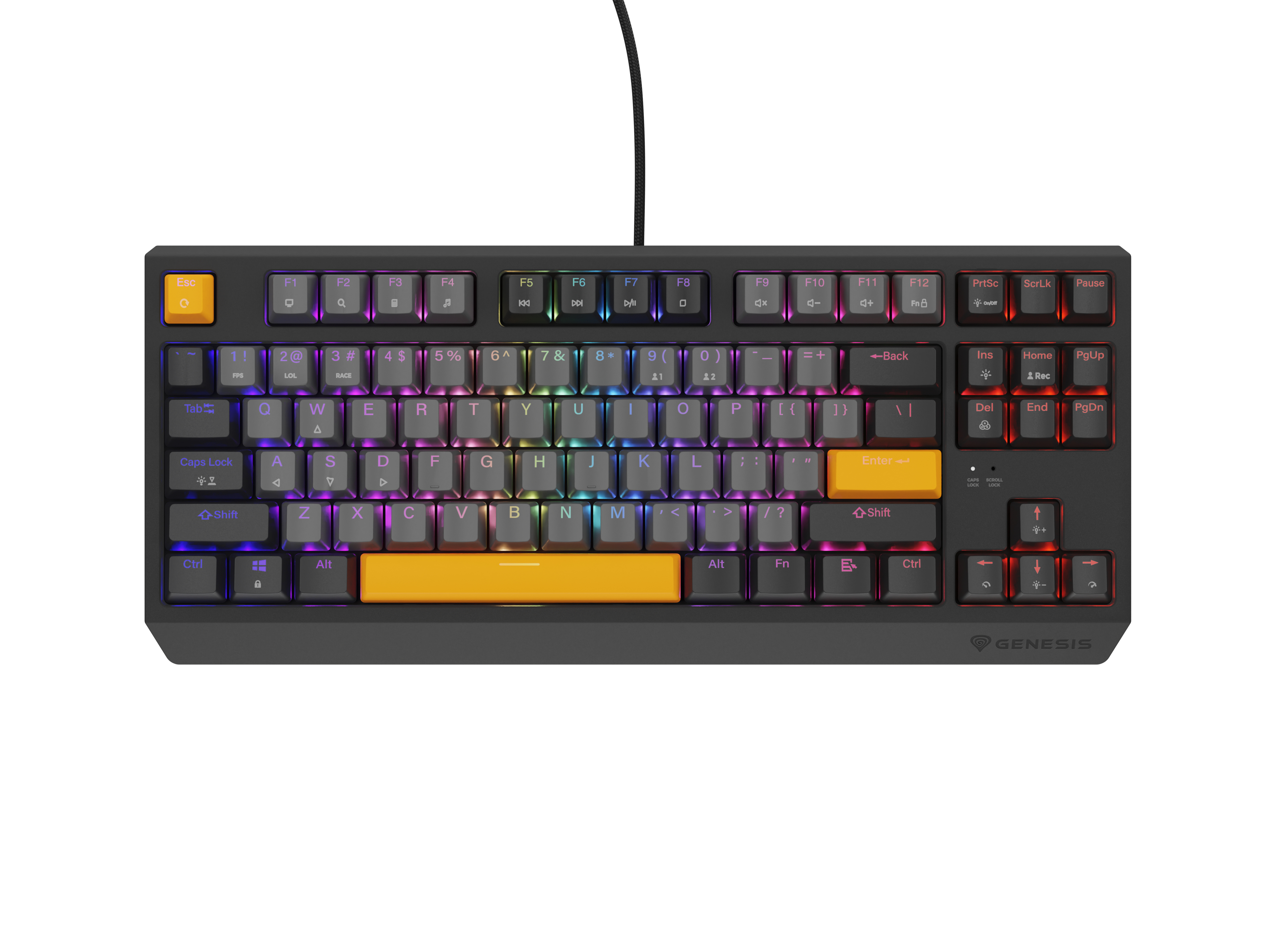 Black mechanical keyboard with gray and orange keys, with a cable.