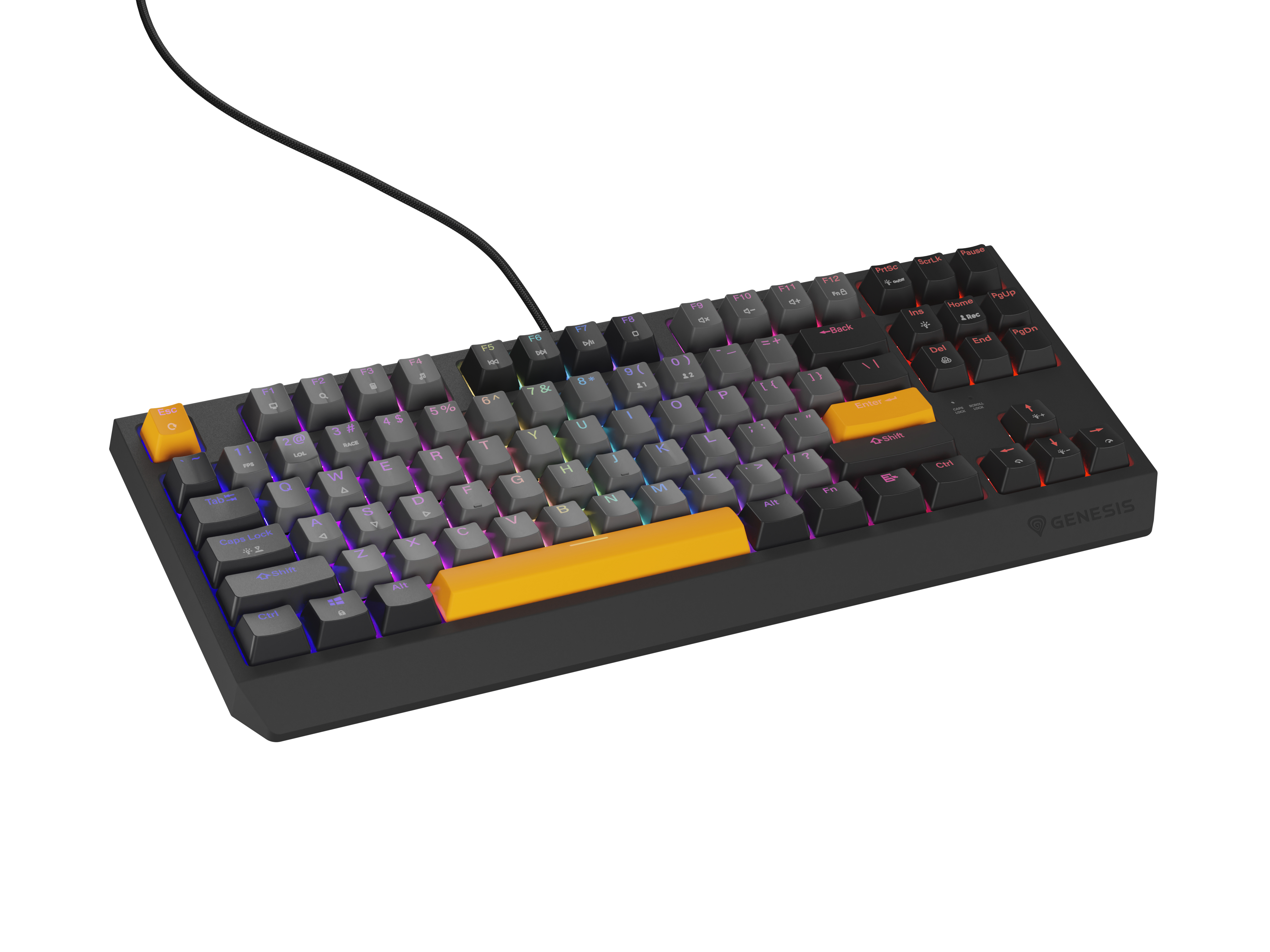 Black mechanical keyboard with gray and orange keys, with a cable.