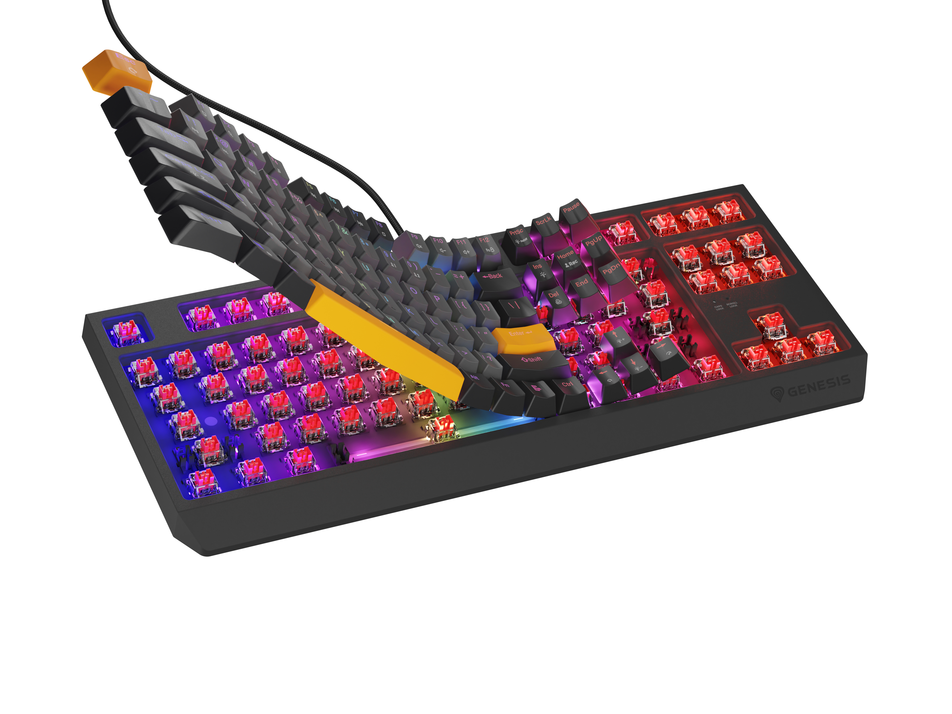 Black mechanical keyboard with keys in an arc, with a cable.