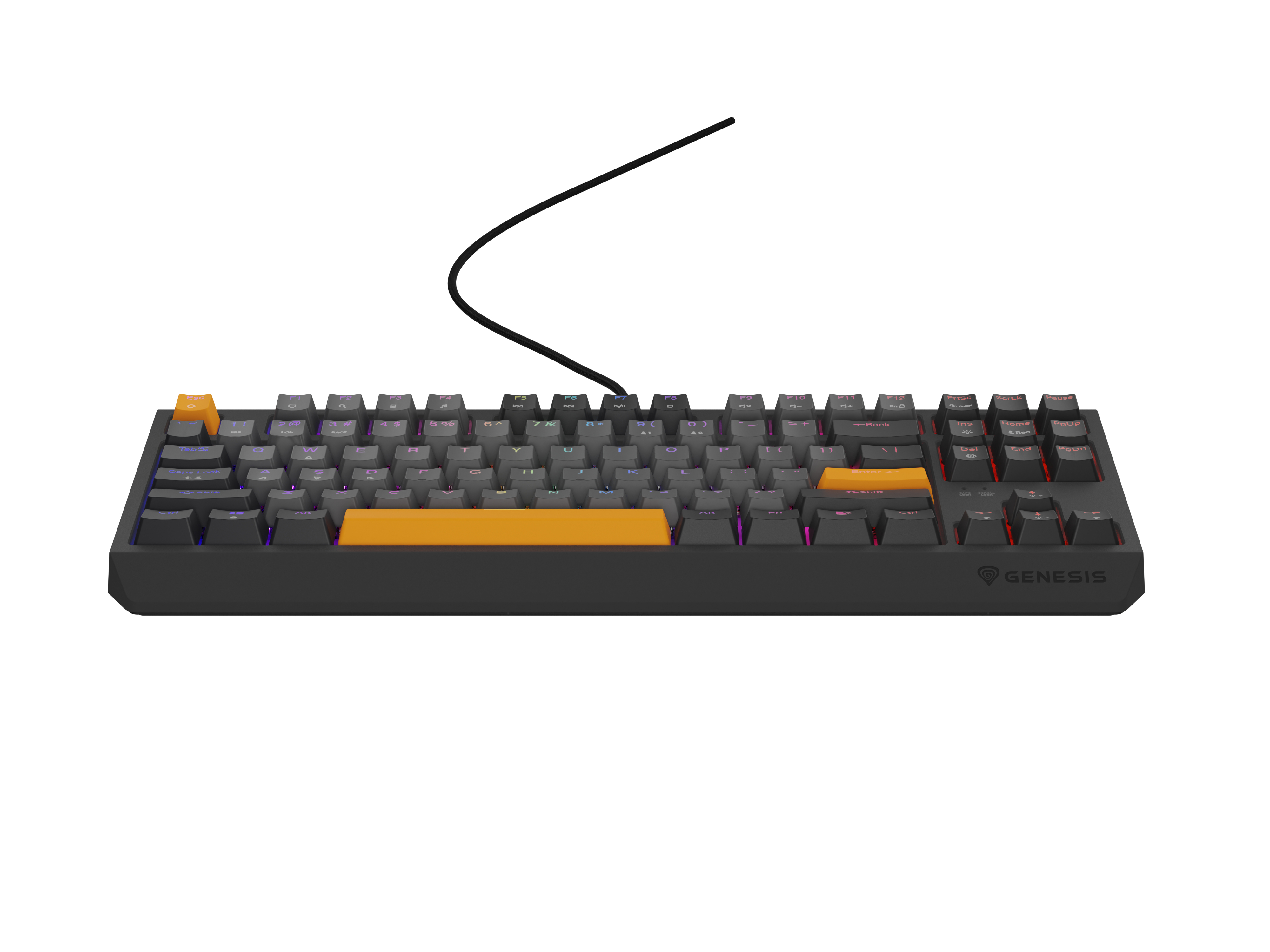 Black mechanical keyboard with gray and orange keys, with a cable.