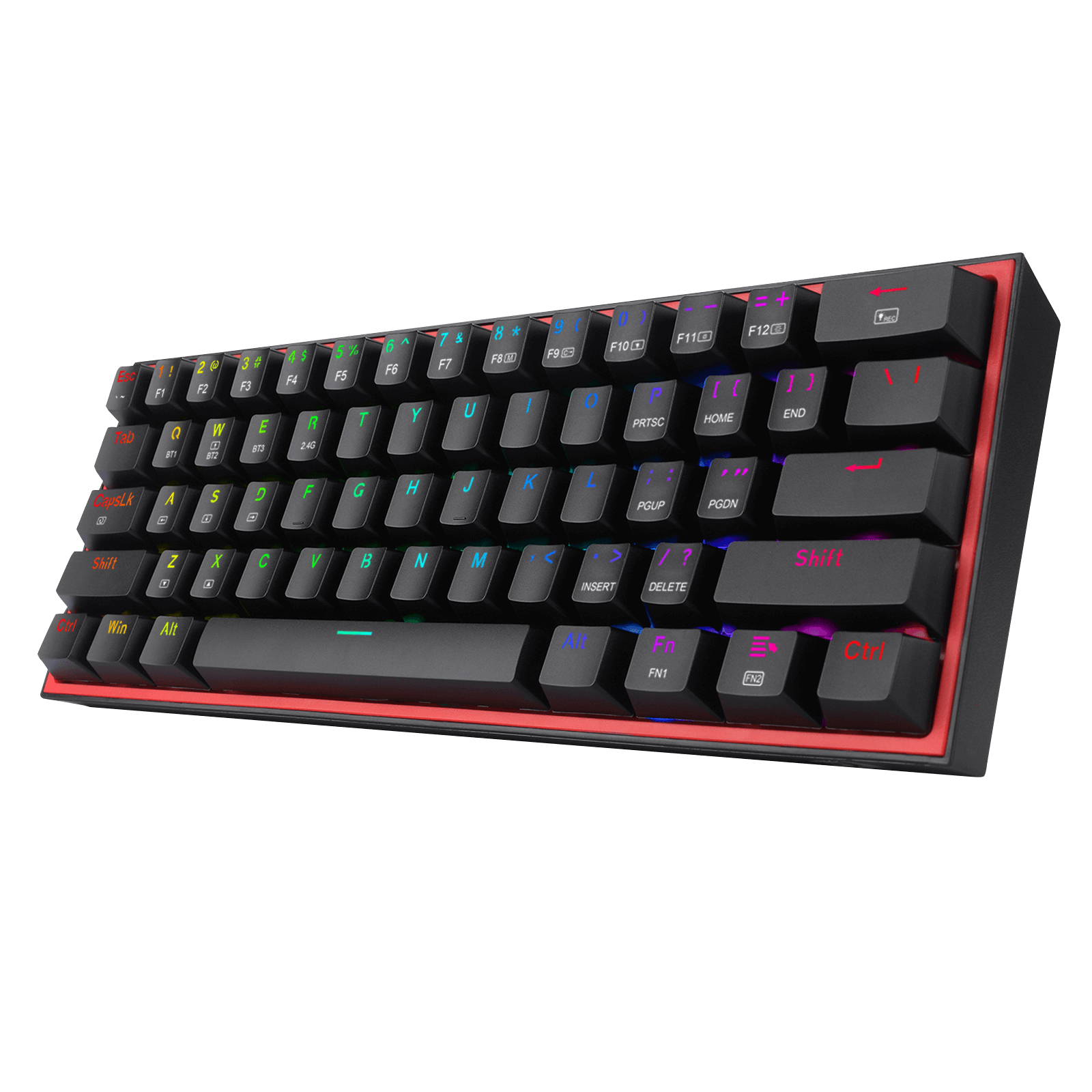 Schwarze Tastatur mit farbigen Tasten. Ein schwarzer Rahmen und roter Rand. Weißer Hintergrund.