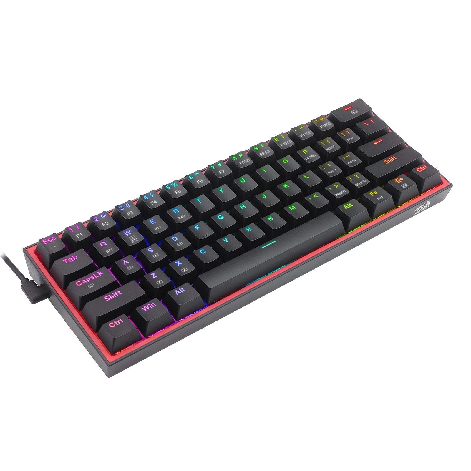 Kleine schwarze Tastatur mit bunten Tasten, roten Rändern und angeschlossenem Kabel.
