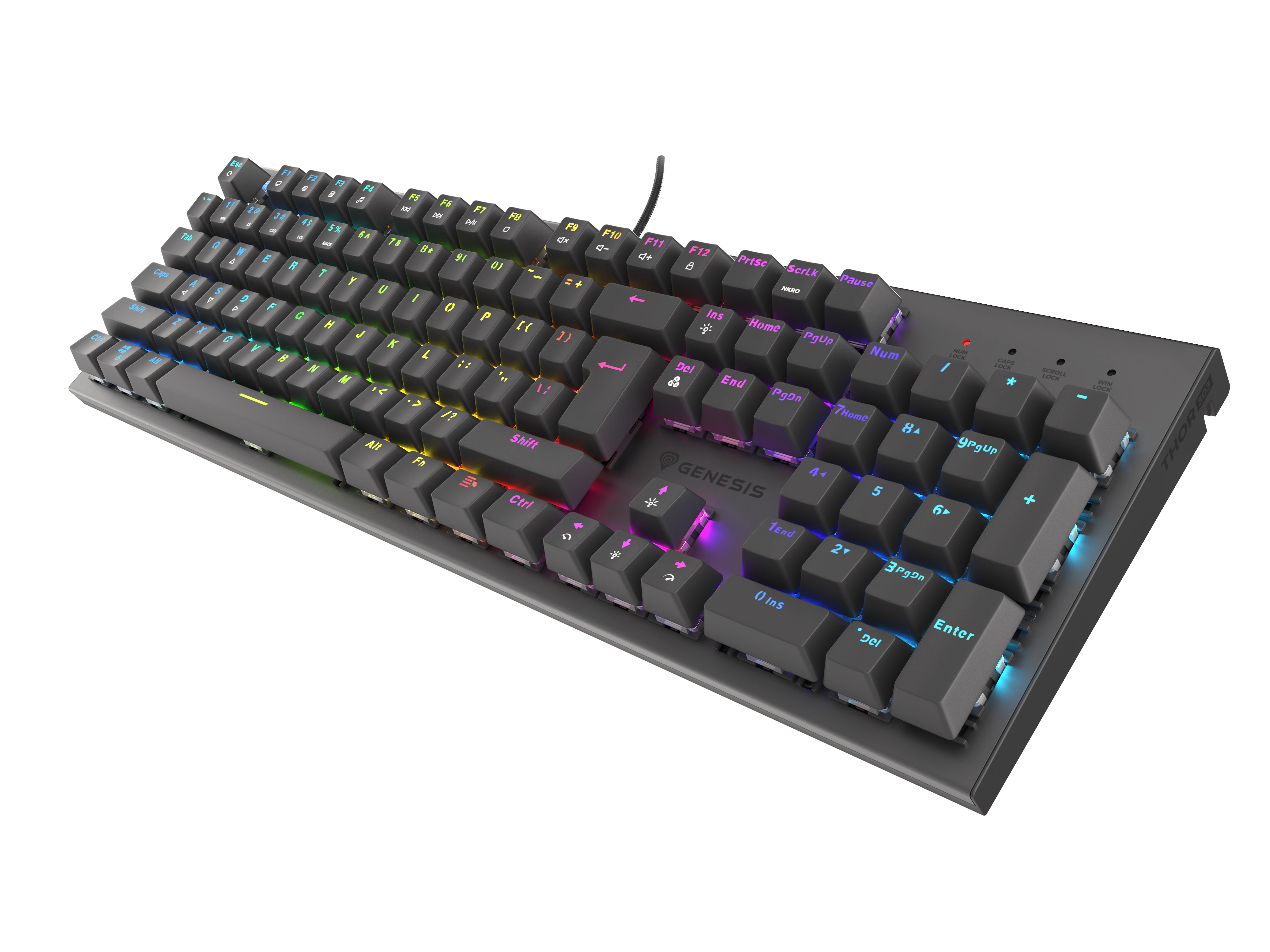 A gray Genesis keyboard with colorful backlit keys. A black cable emerges from the top.