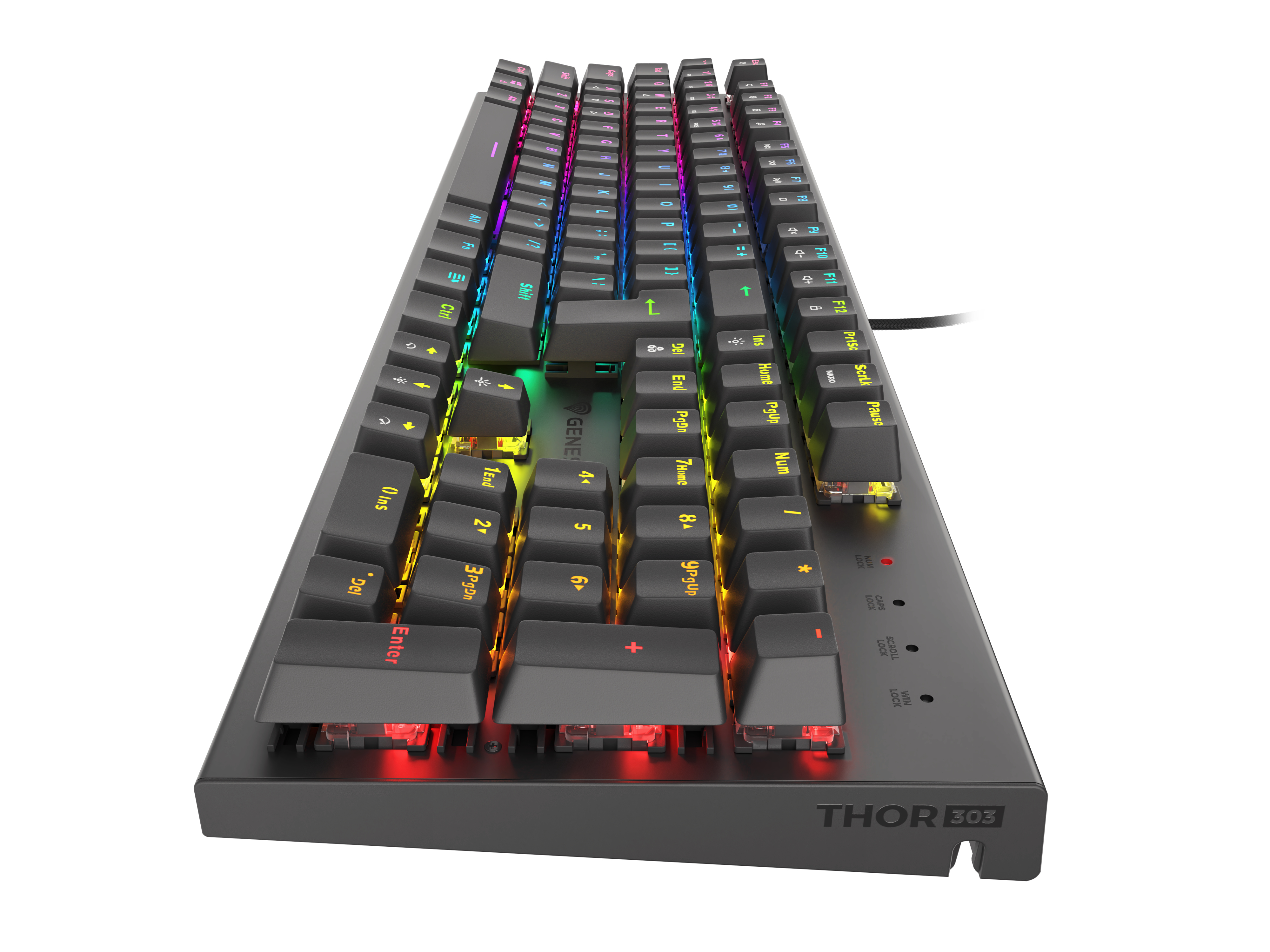 A gray Thor 303 keyboard with colorful backlit keys. The THOR 303 model name is visible.