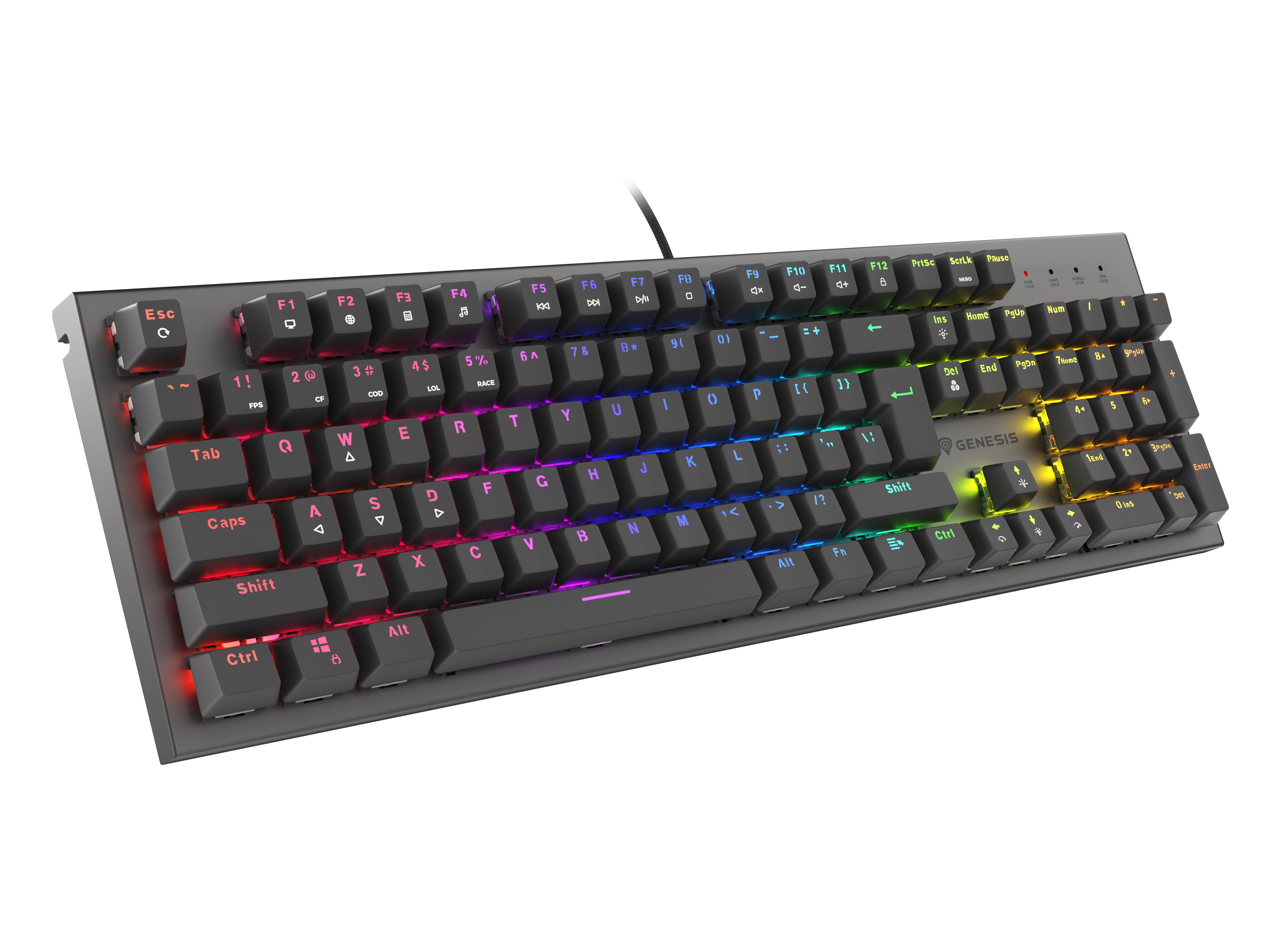 A gray Genesis keyboard with colorful backlit keys. The Genesis logo is visible at the top.