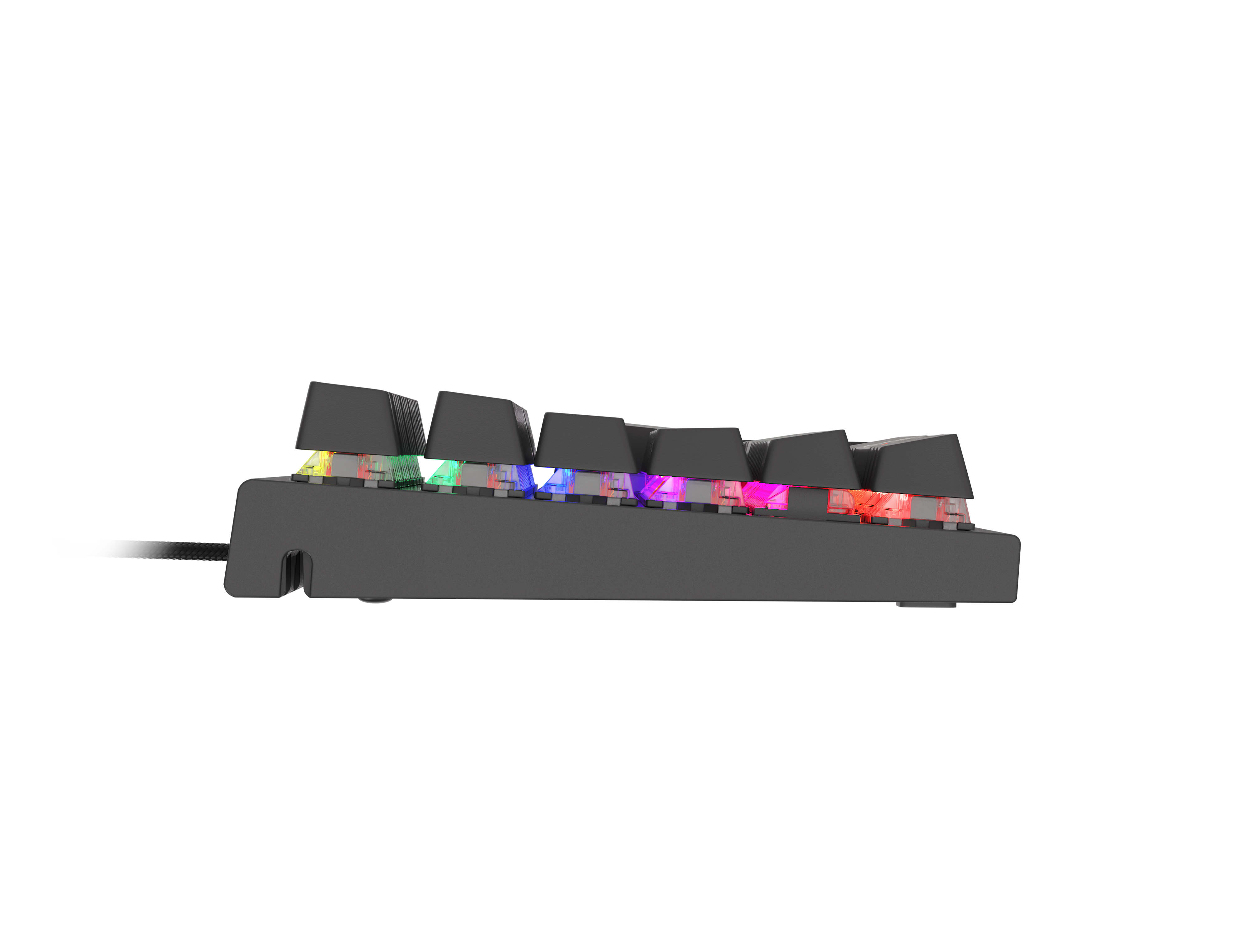 Black mechanical keyboard side view, keys lit with colorful LEDs.