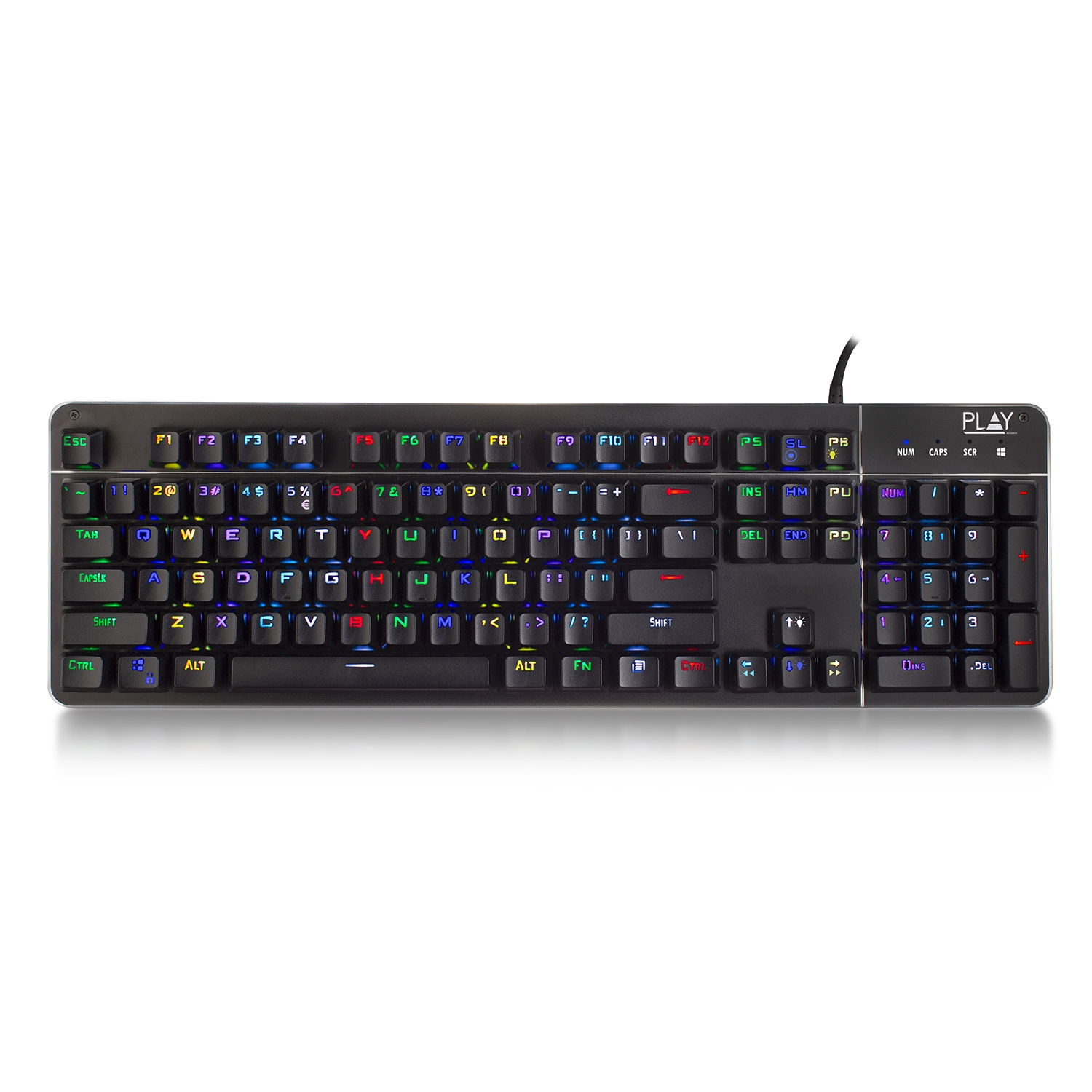 Tastiera nera e argento, illuminazione RGB. Tasti visibili, sfondo bianco.