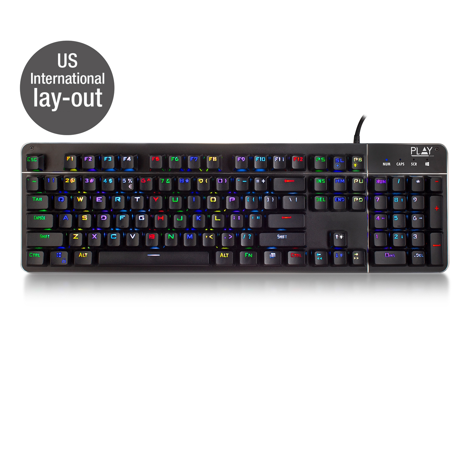 Tastiera nera e argento, illuminazione RGB. Tasti visibili, sfondo bianco, layout US International.