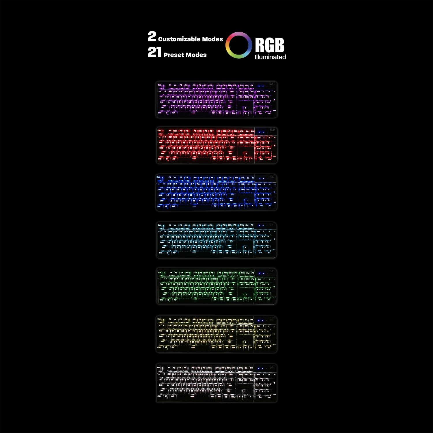 Tastiera con illuminazione RGB personalizzabile. Mostra più schemi di illuminazione.