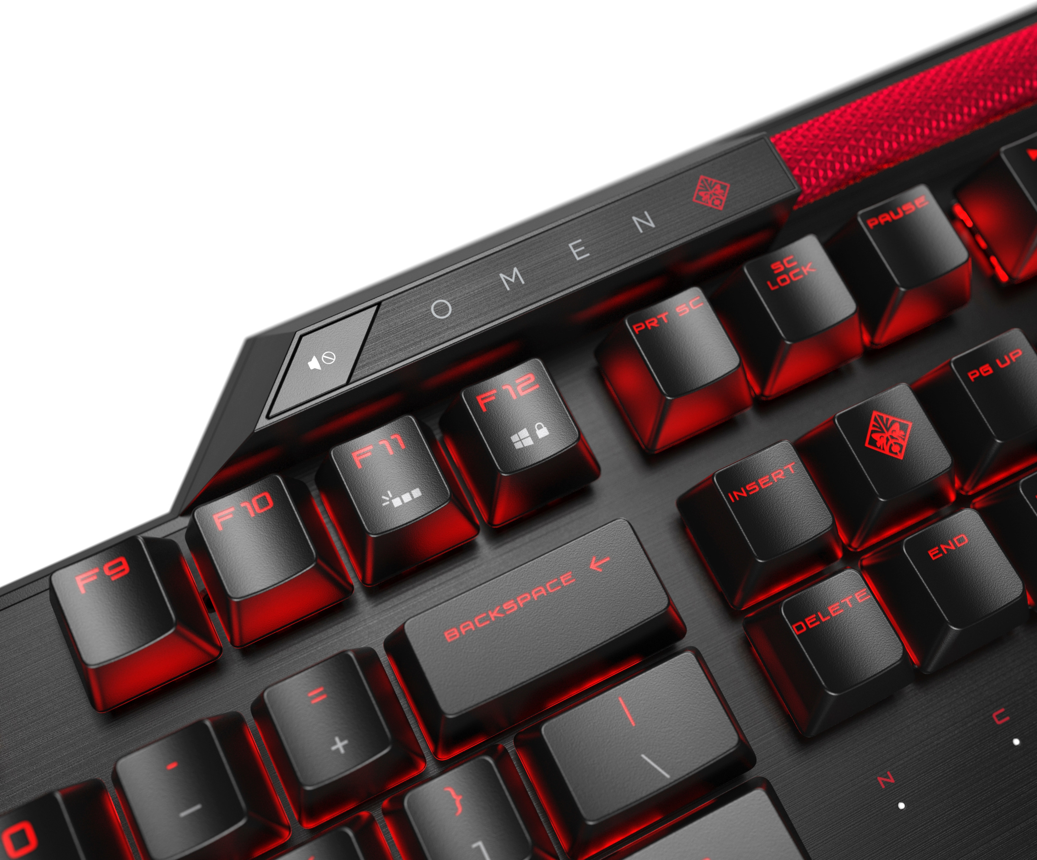 Close-up of a keyboard, with red illuminated keys and black frame. The brand is OMEN.