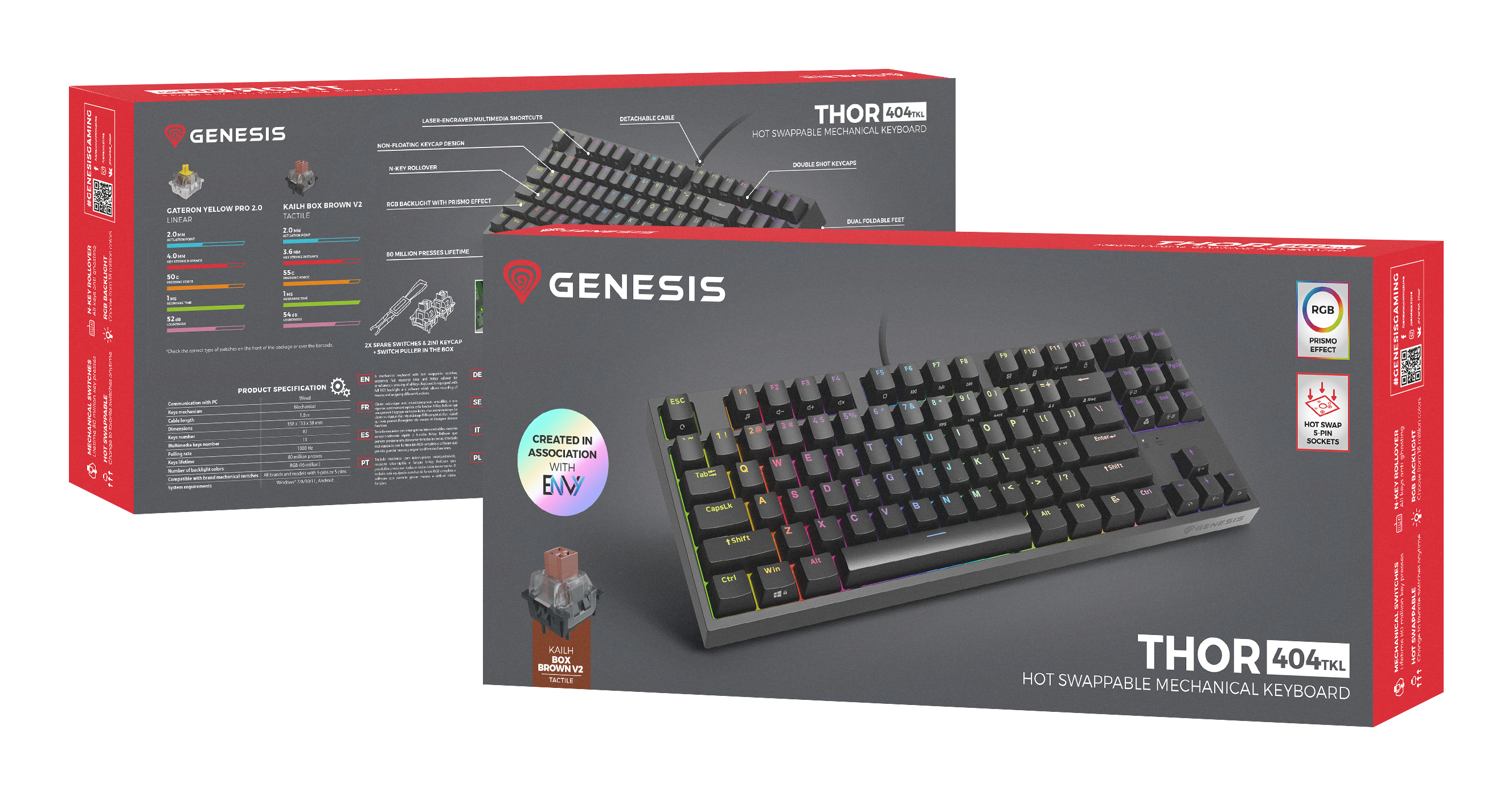 Keyboard box with keyboard, product details and specifications, RGB lighting.
