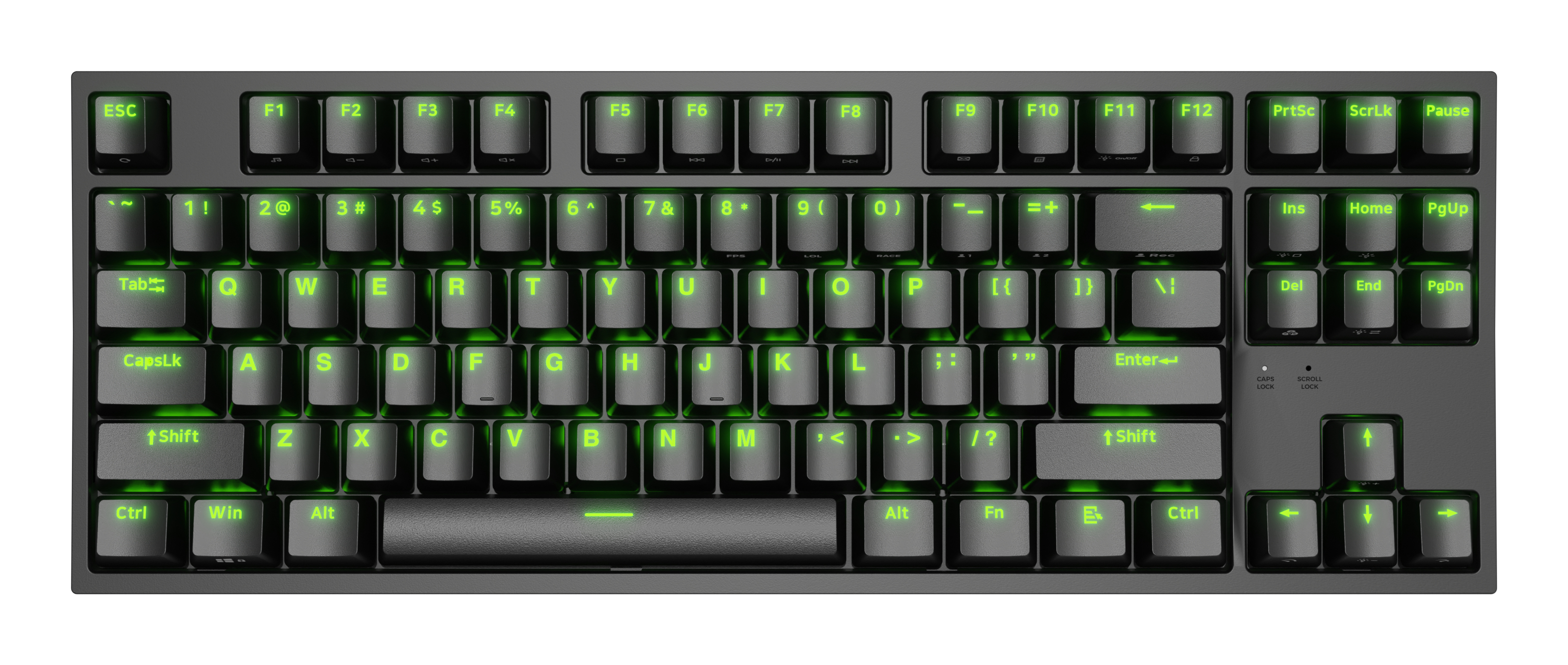 Black keyboard with green LED lighting. Keys are visible.