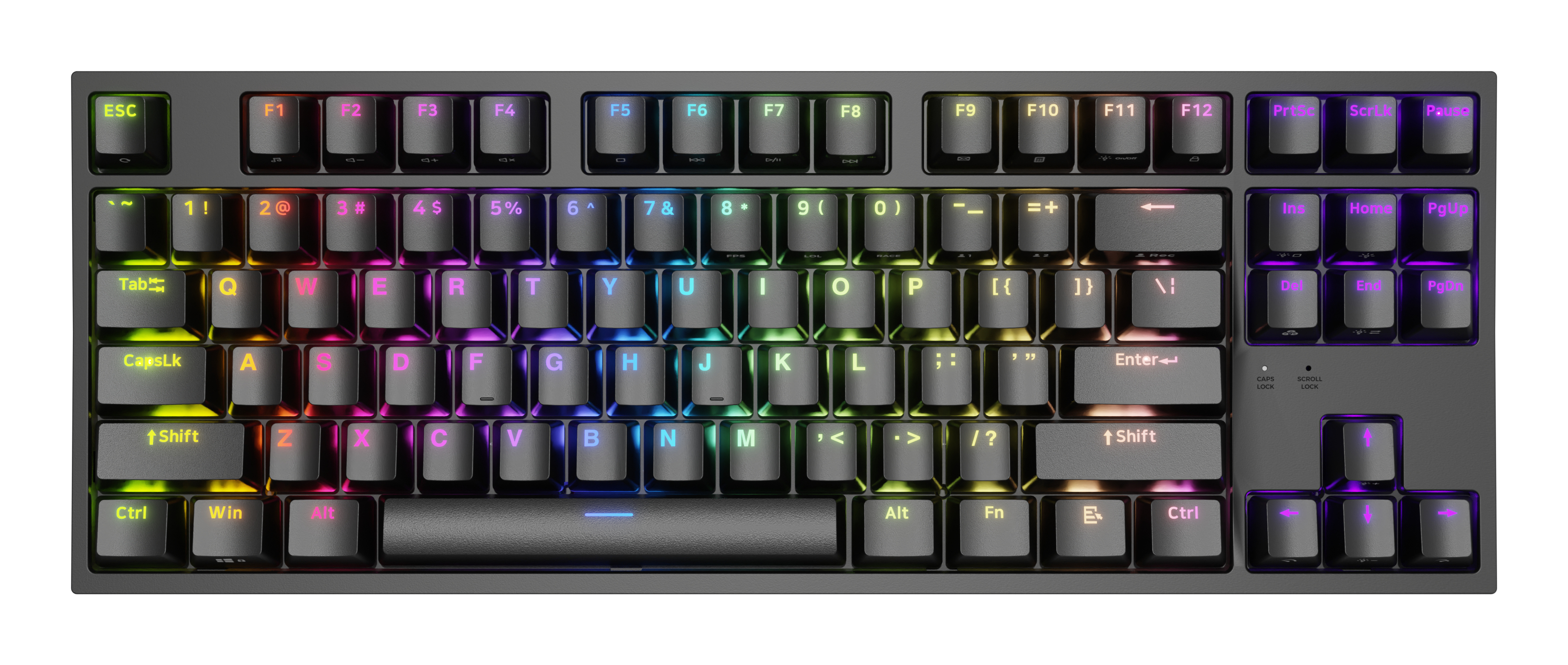 Black keyboard with multi-color LED backlighting. Keys are visible, arranged in rows.