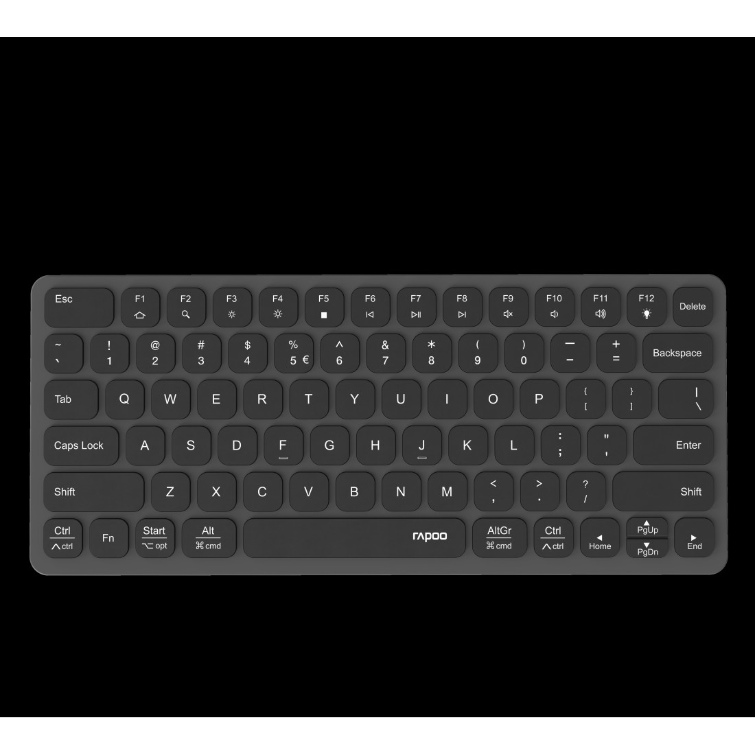 Teclado gris sobre fondo negro. Marca Rapoo visible.