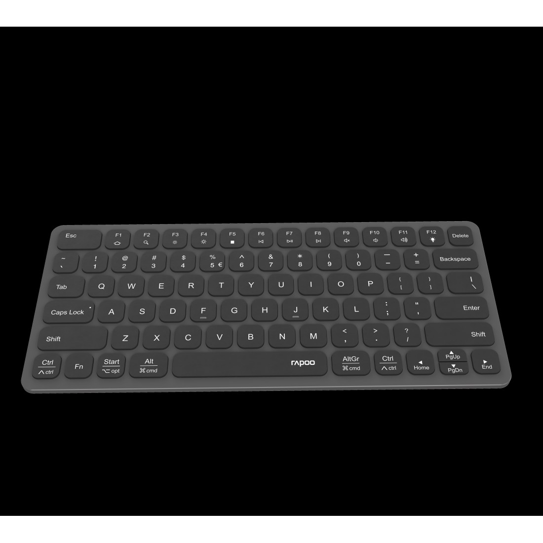 Teclado gris sobre fondo negro. La marca Rapoo es visible.
