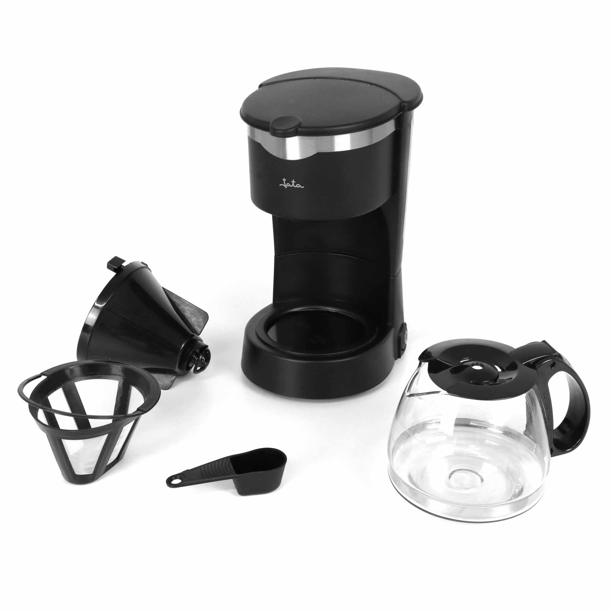 Cafetera con piezas desmontadas y jarra de vidrio sobre fondo blanco.