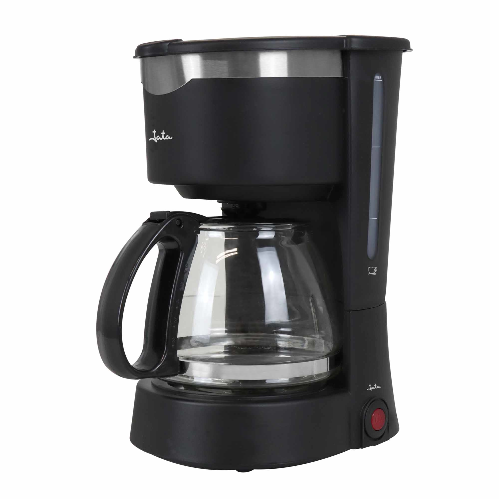 Cafetera negra con jarra de vidrio. Tiene un botón rojo de encendido.