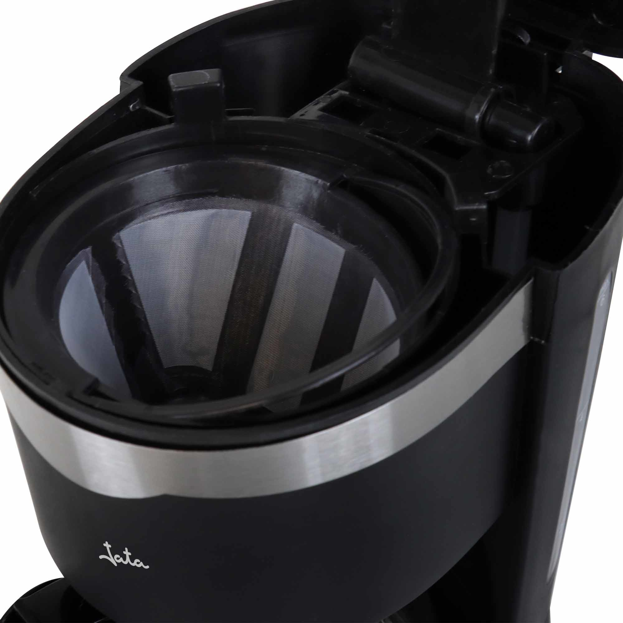Primer plano del interior de una cafetera negra. Incluye filtro y recipiente.