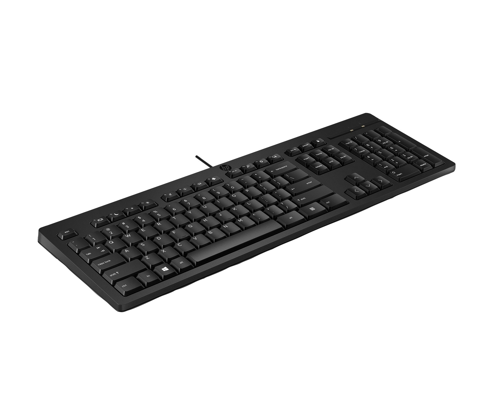 Teclado negro con teclas y números sobre fondo blanco. Logotipo de HP.