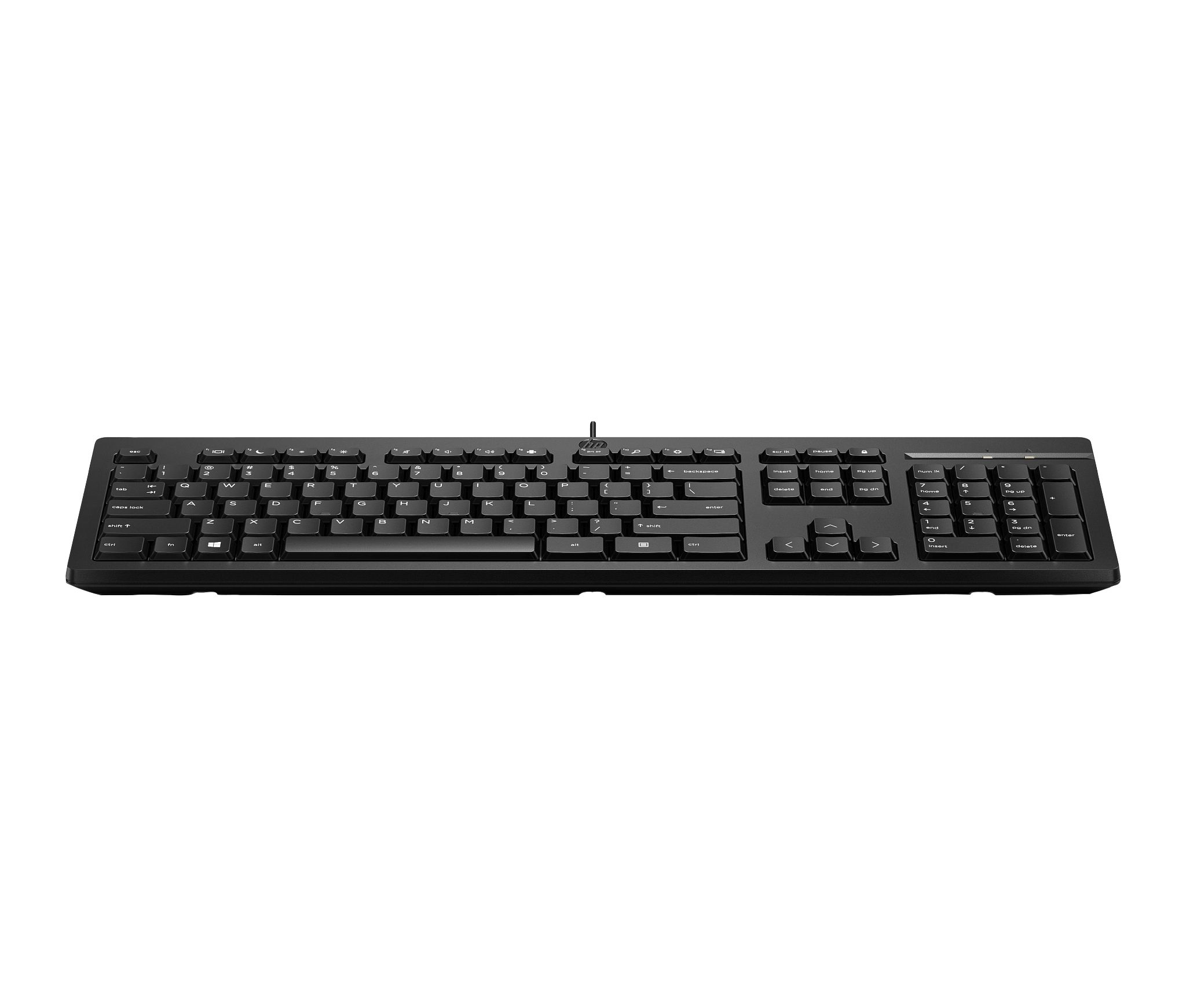 Teclado negro, vista superior, fondo blanco. Letras y números visibles en las teclas.