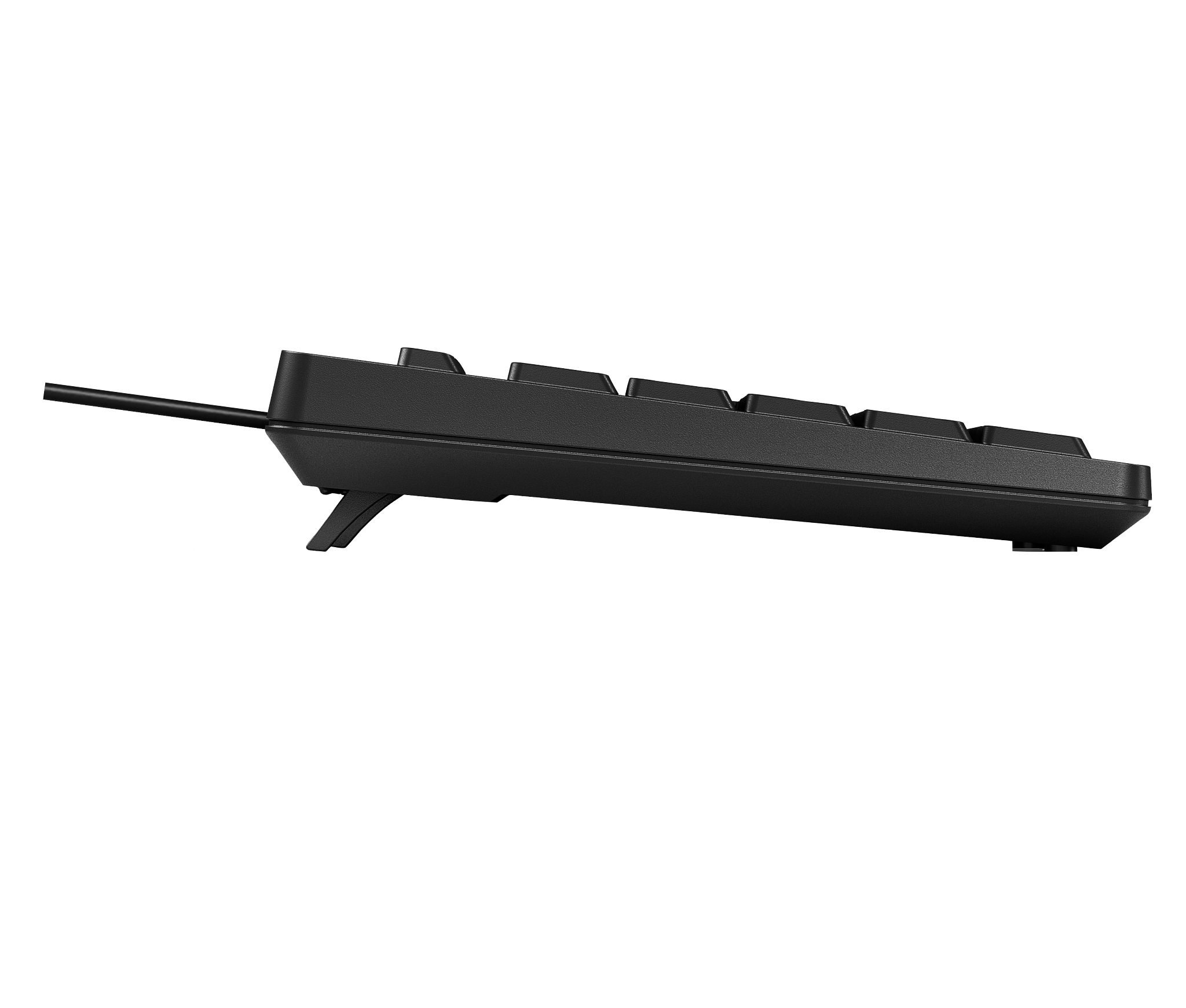 Teclado negro sobre fondo blanco. Teclas con letras y números.