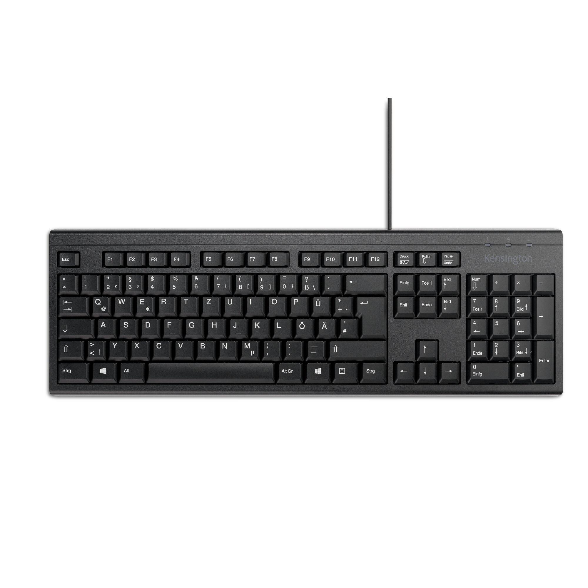 Schwarze Tastatur auf weißem Hintergrund. Die Tastatur hat ein Kabel, das von oben kommt.
