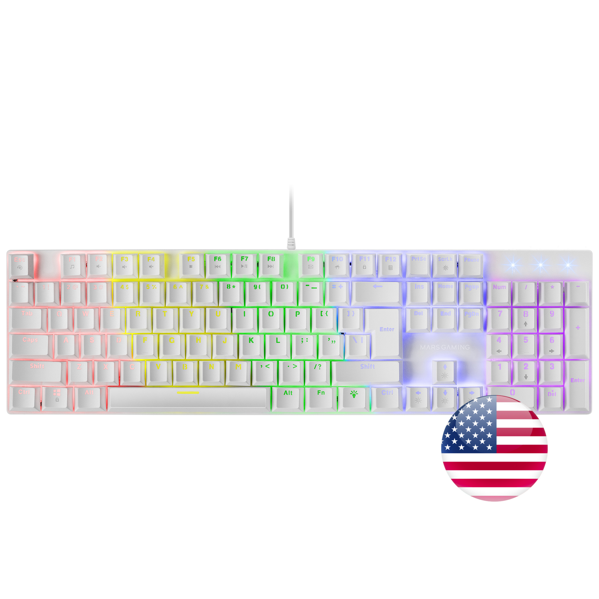 Teclado blanco con teclas arcoíris y una pegatina de la bandera de EE. UU. Fondo blanco, aislado.
