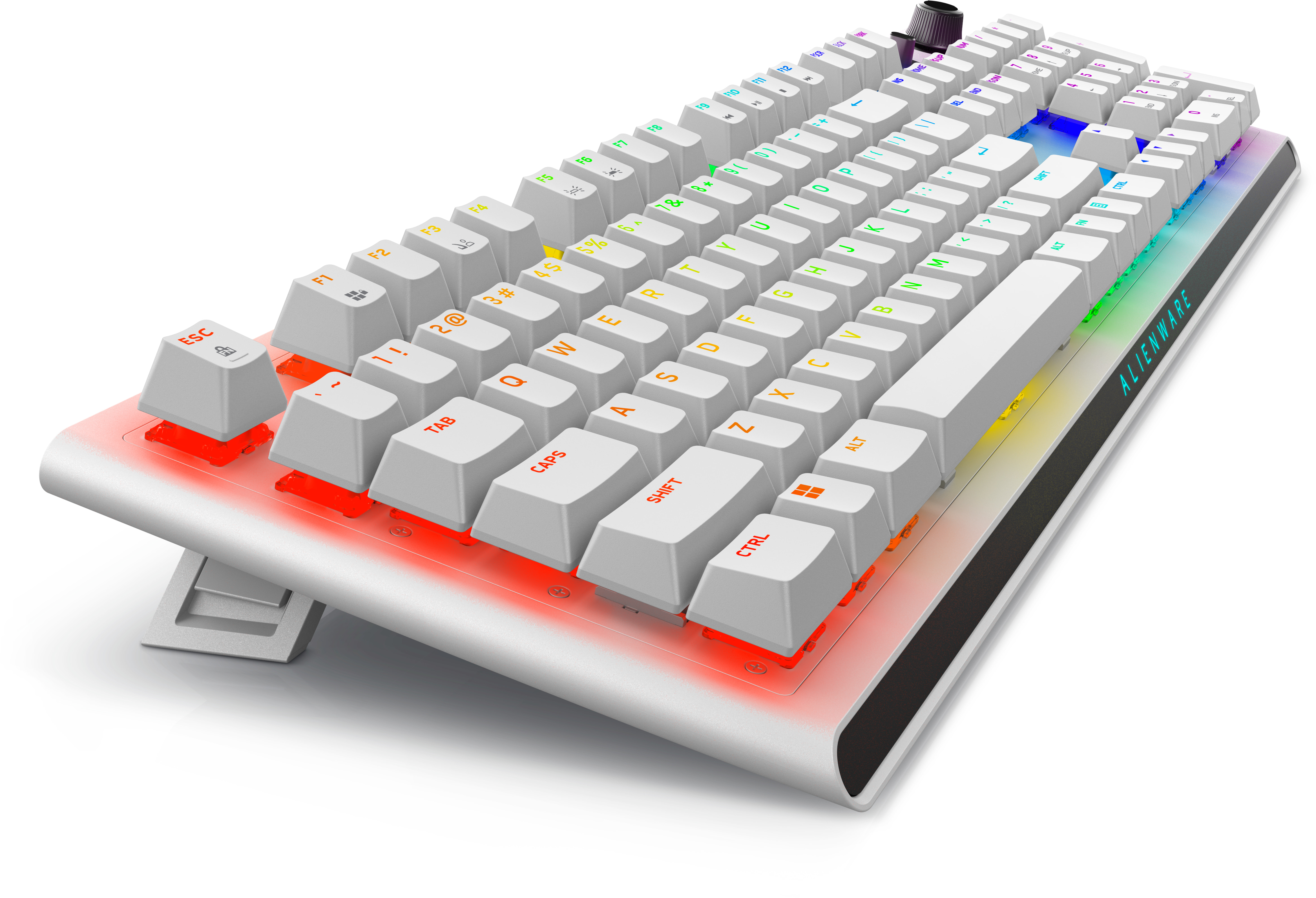 Biała klawiatura Alienware z podświetleniem RGB i białą podstawą. Widok z perspektywy.